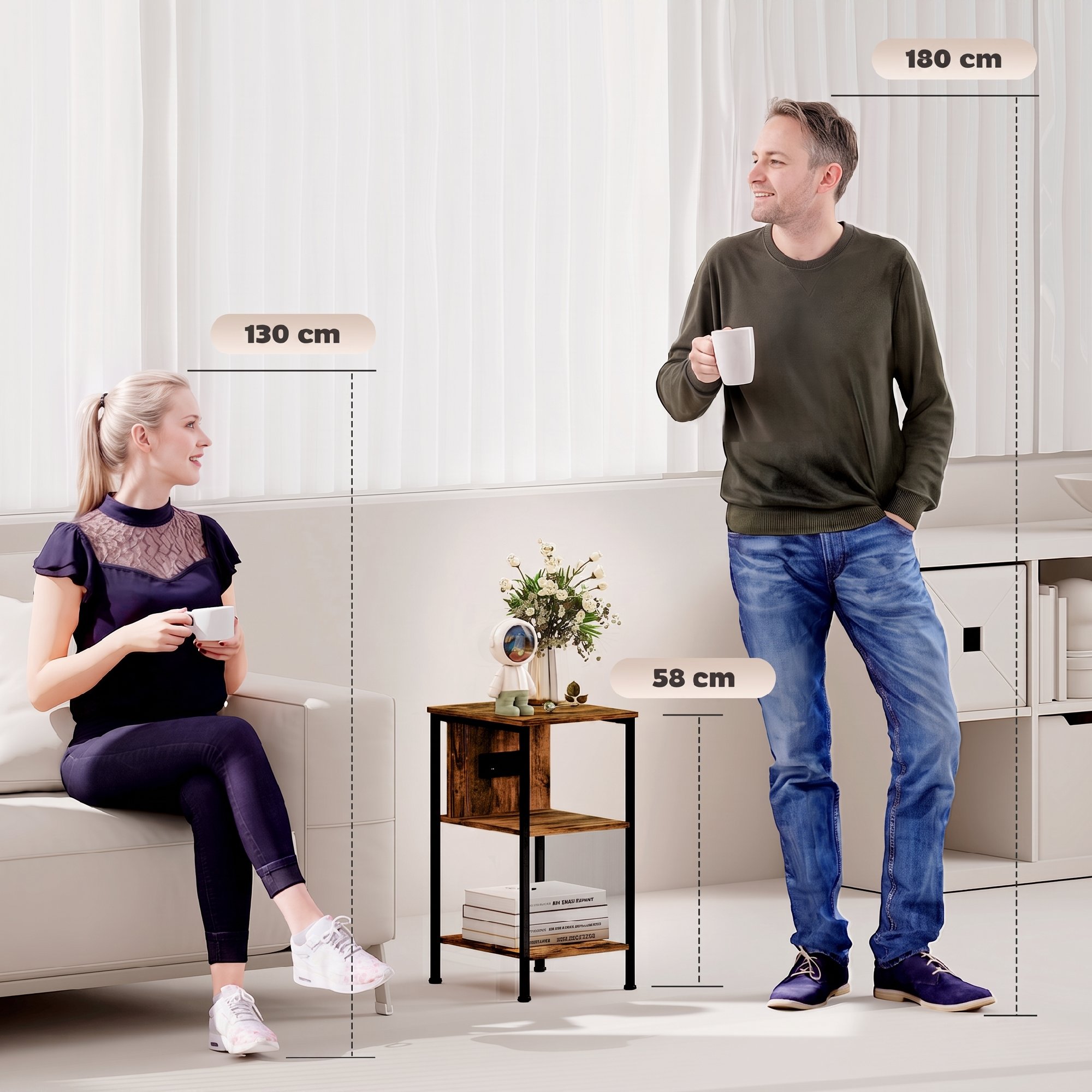 Beistelltisch mit Ladestation und 2 offenen Ablagen, Tigerholz-Optik
