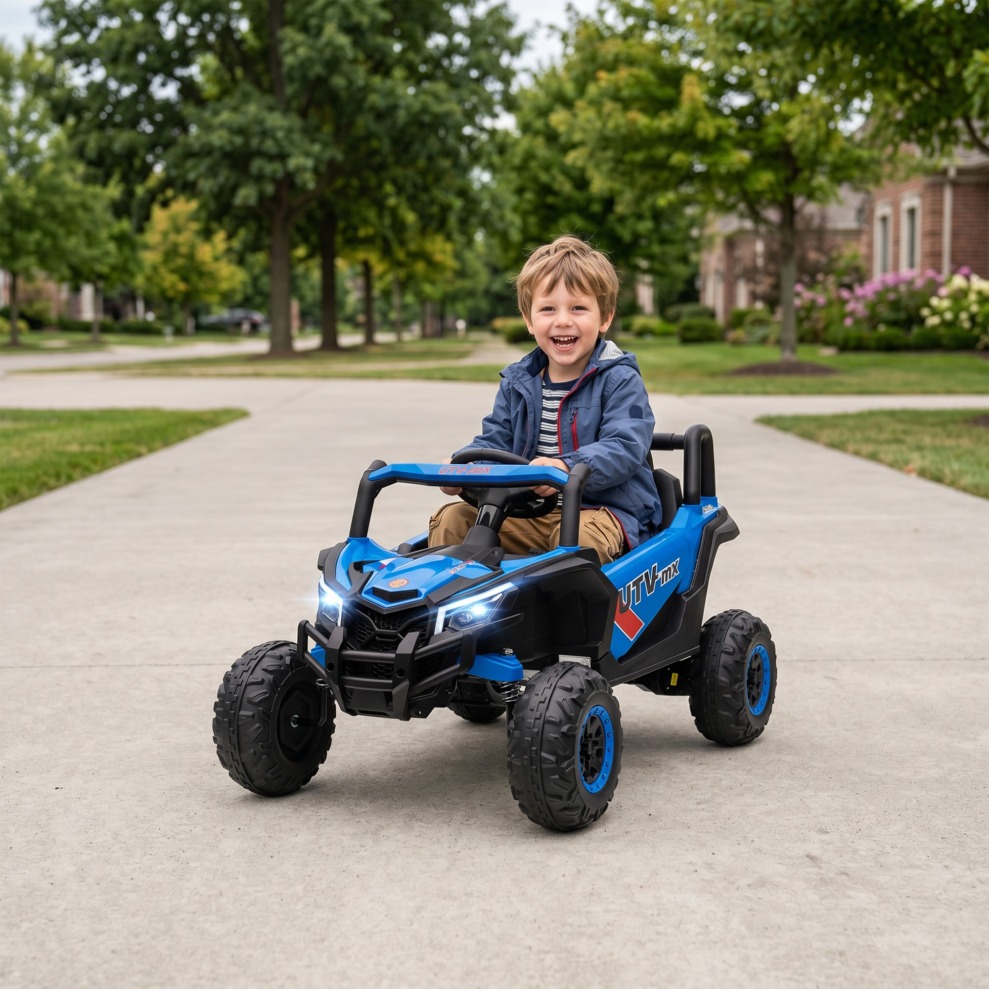 12V Elektroauto für Kinder, Fernbedienungsfunktion, Gurt, Hupe, LED-Lichter, USB-Port, für 3-5 Jahre, Blau