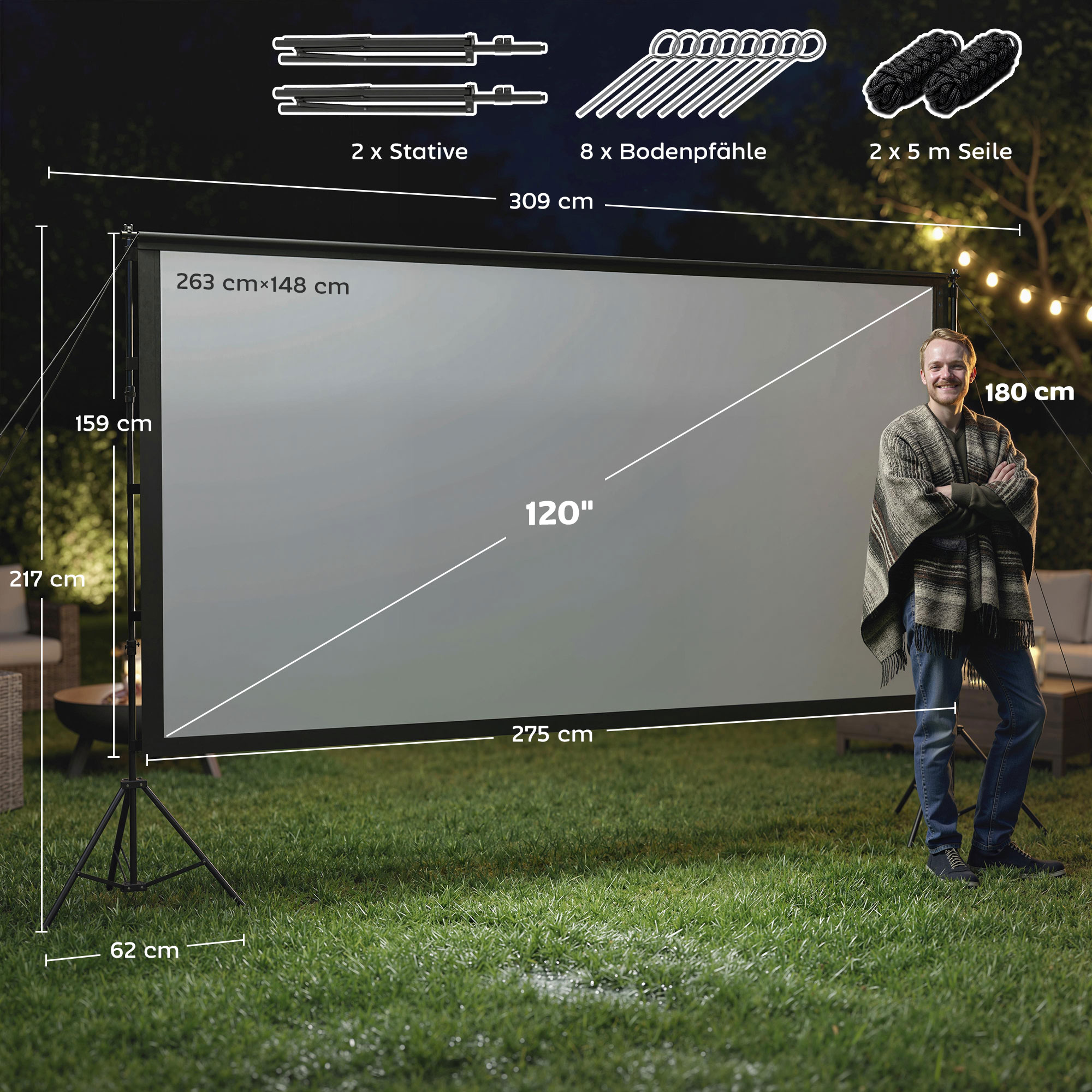 100 Zoll 16:9 HD 4K/8K Projektor-Leinwand mit Ständer, tragbare doppelseitige Leinwand mit klappbaren Stativen, Weiß