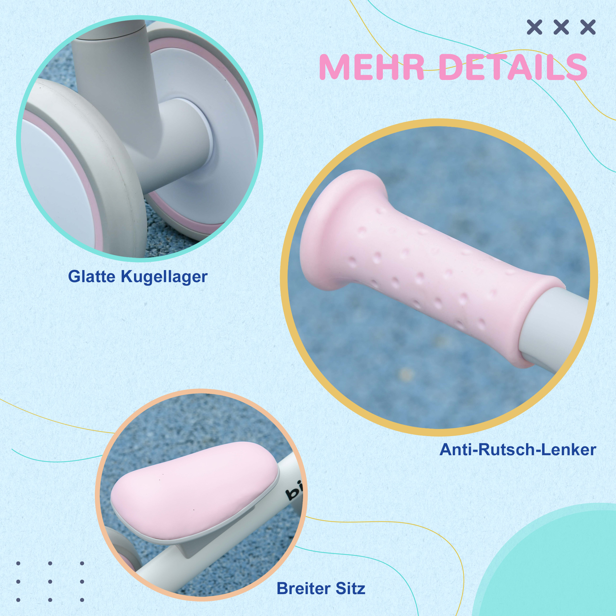 Laufrad, verstellbarer Sitz, geräuschlose Räder, 56x27x39 cm, Rosa/Weiß