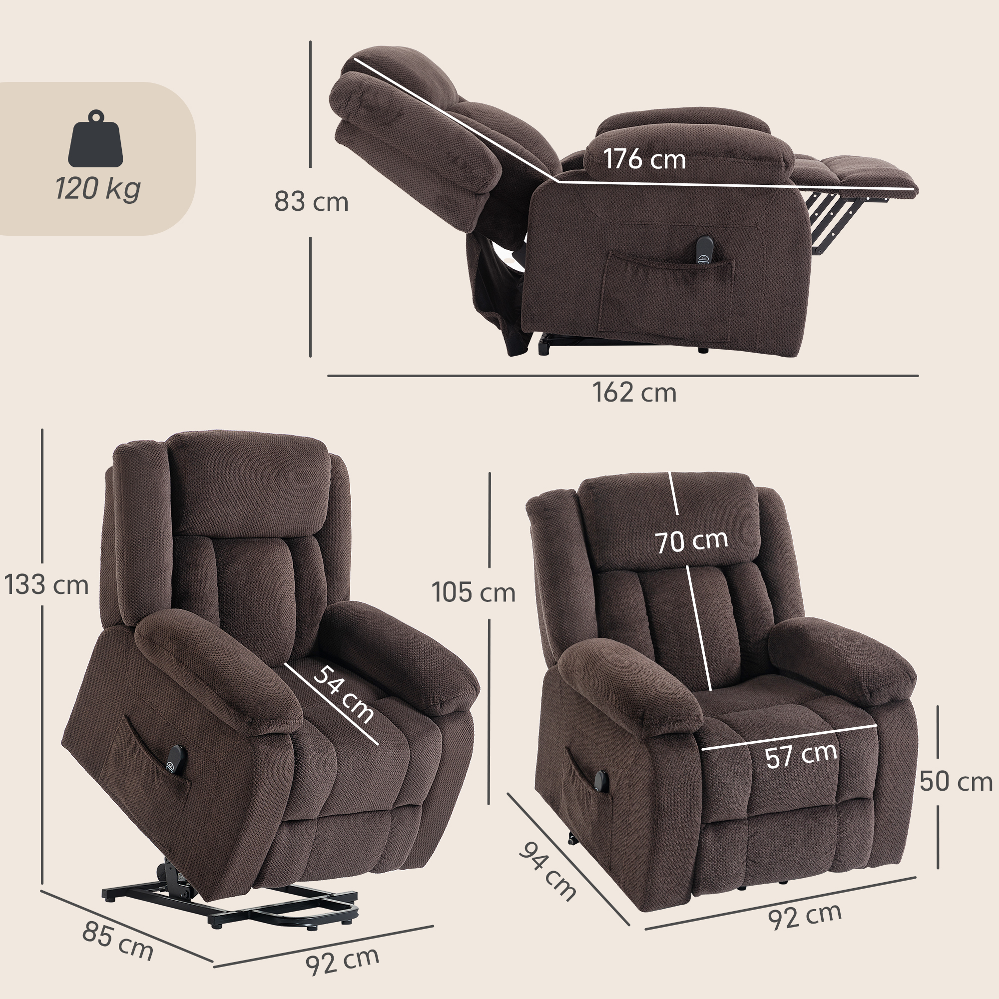 Aufstehsessel mit weichem Bezug, Recliner-Sessel mit Fernbedienung und Seitentaschen, Braun