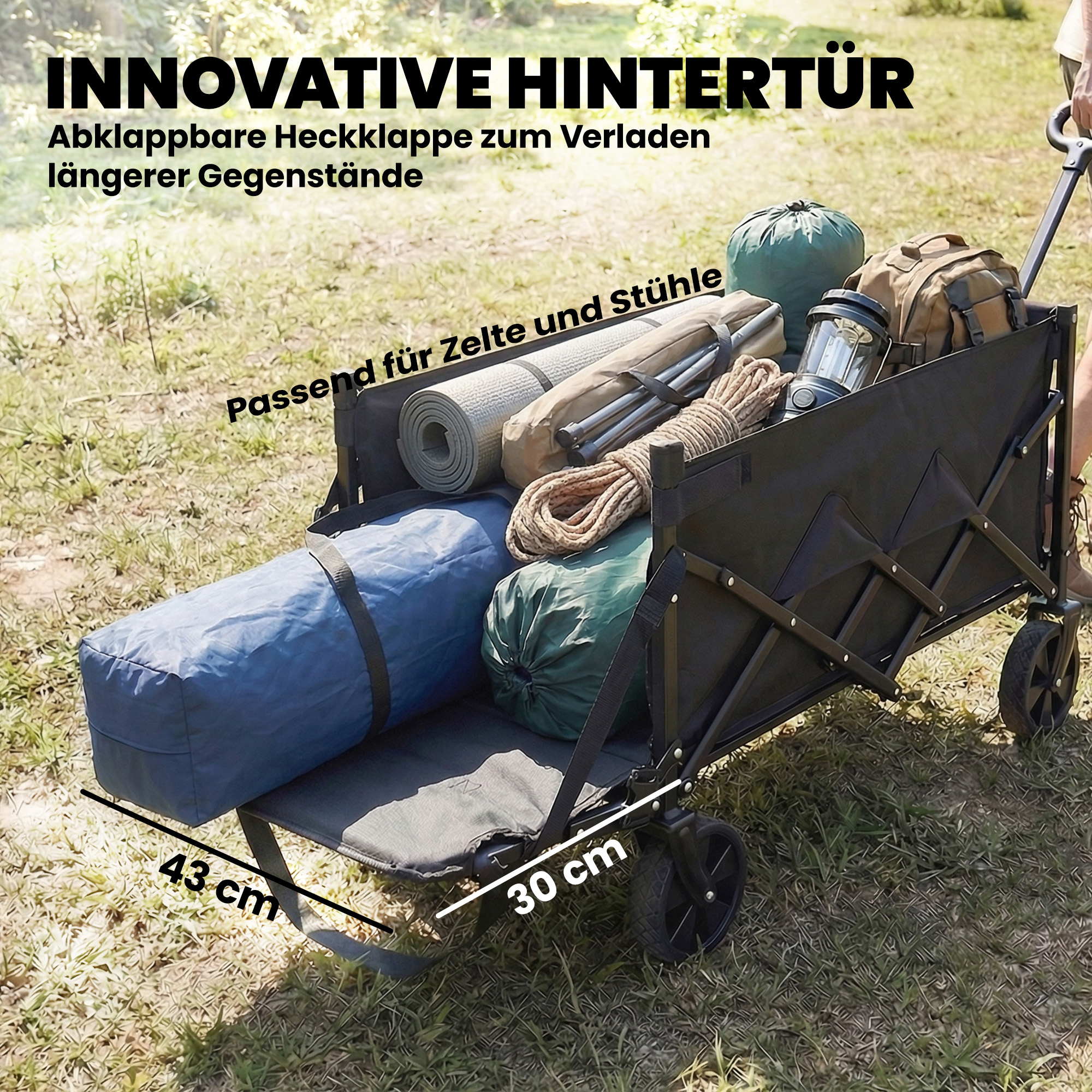 Bollerwagen 60L Faltbarer Handwagen Gartenwagen Transportwagen mit Teleskop Griff Heckklappe Getränkehalter