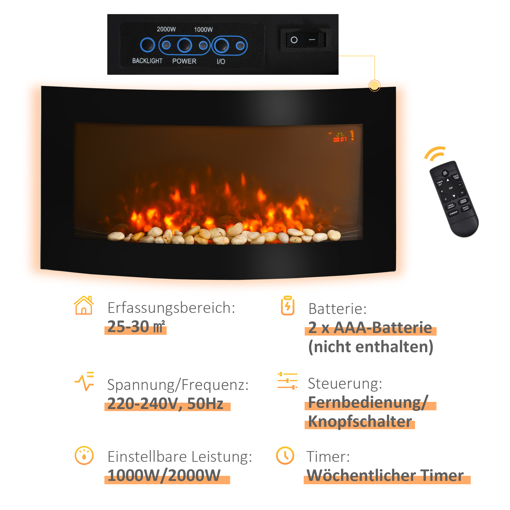 Elektrokamin mit Heizung, Wandkamin mit LED Flammeneffekt, 7 Flammenfarben, 1000/2000 W, elektrischer Kamin mit Timer, Einstellbarer Thermostat, Dekokamin mit Fernbedienung, Schwarz, 89,2 cm