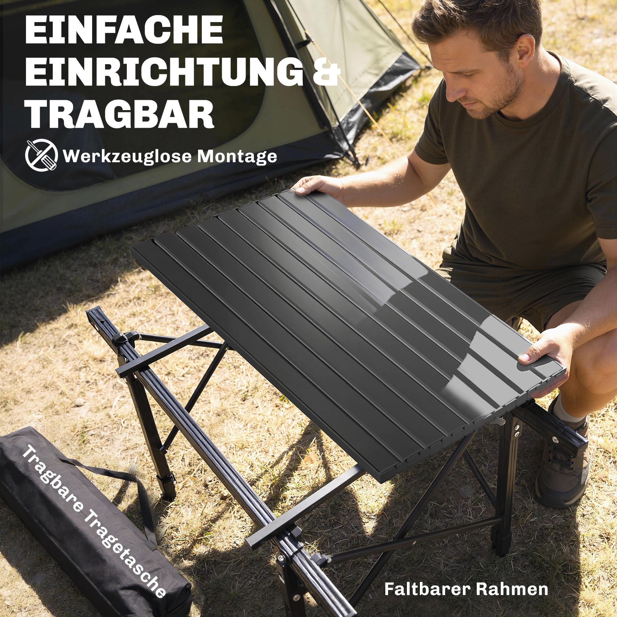 Campingtisch mit Aufbewahrungskorb, höhenverstellbar, faltbar, Aluminium, Schwarz