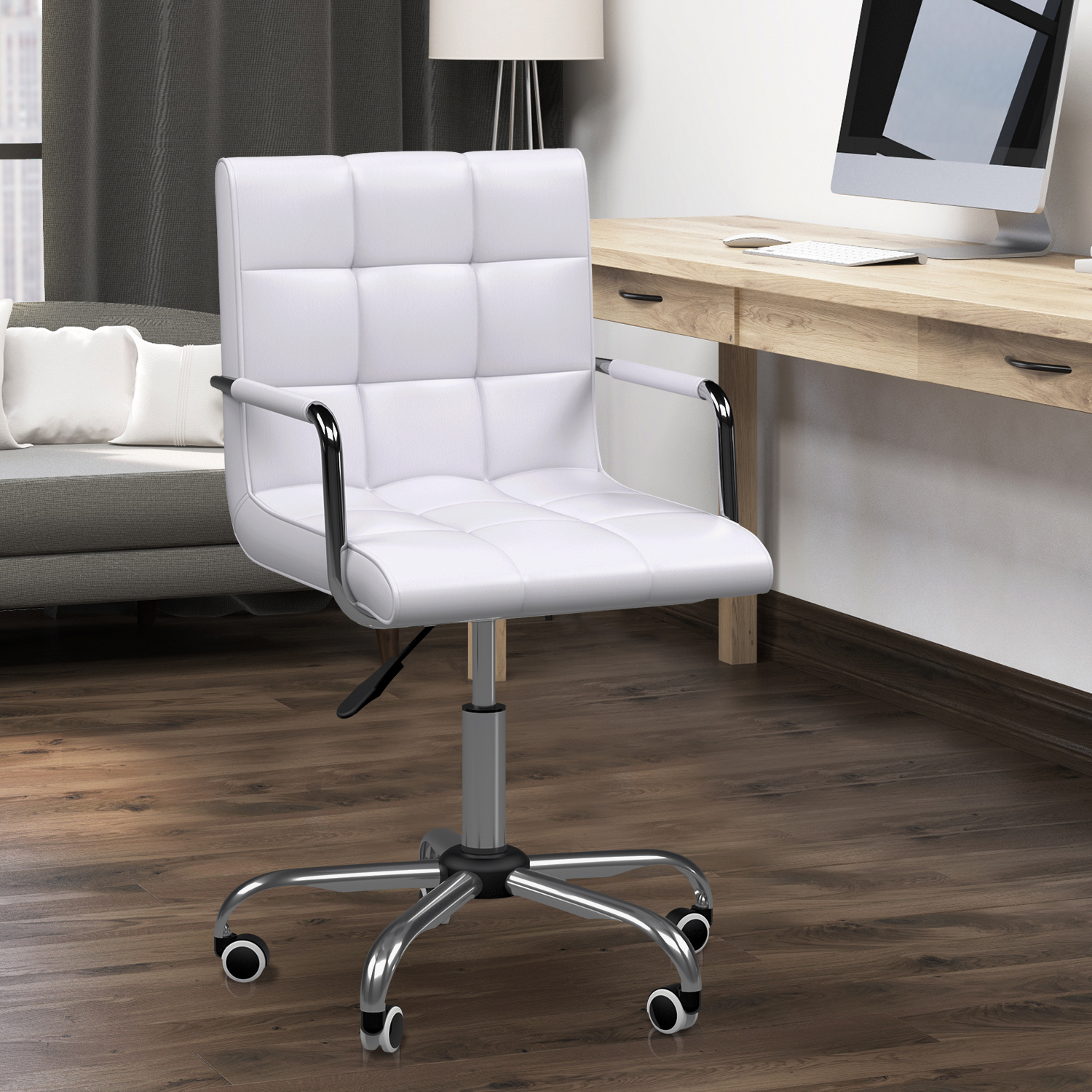 Bürostuhl im Retrodesign, höhenverstellbar, 5 Rollen, 52,5 cm x 54 cm x 99 cm, Weiß