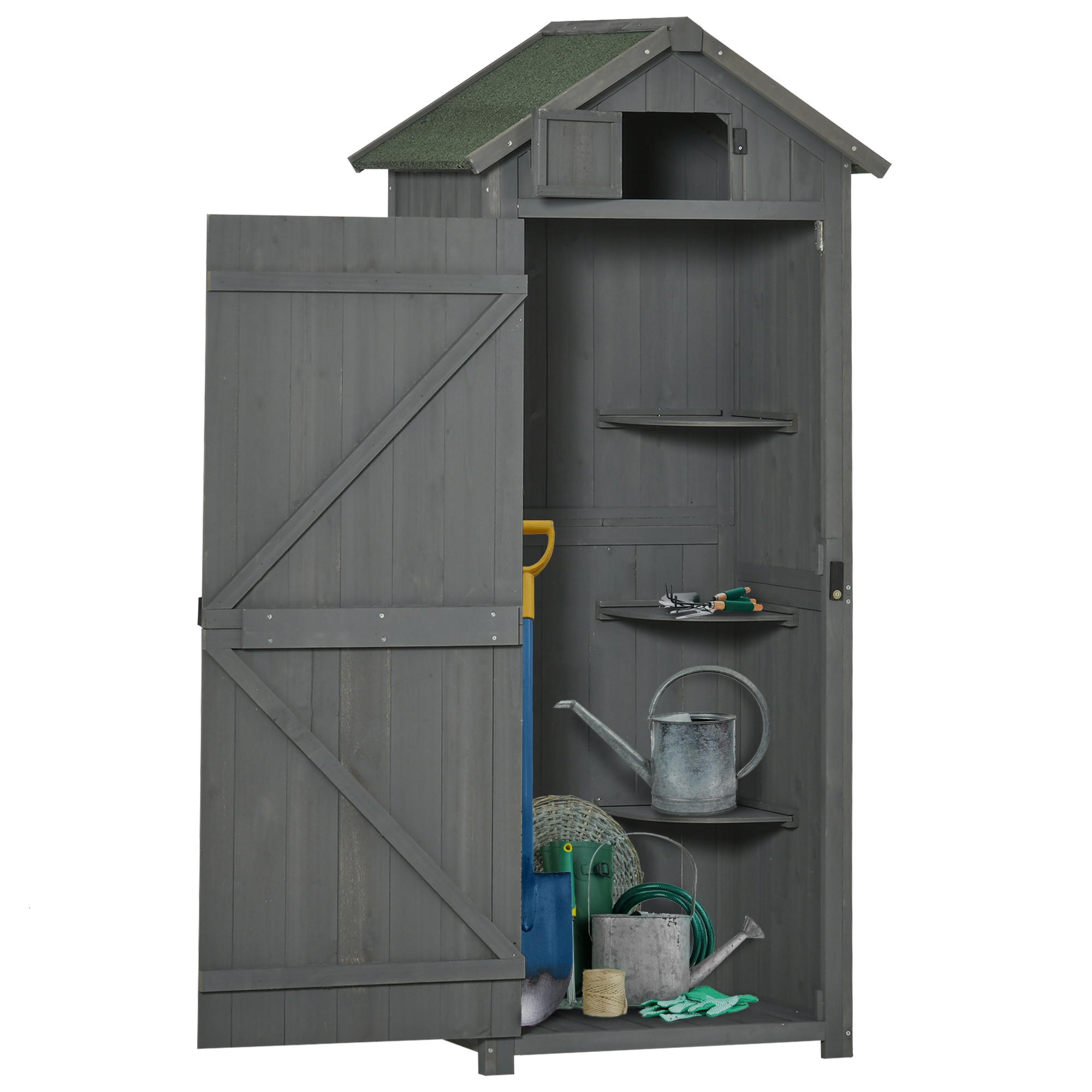 Gartenschrank Holz abnehmbare Eckregale Gekipptes Asphaltdach Verriegelte Türen wasserfest 77x54,2x179cm