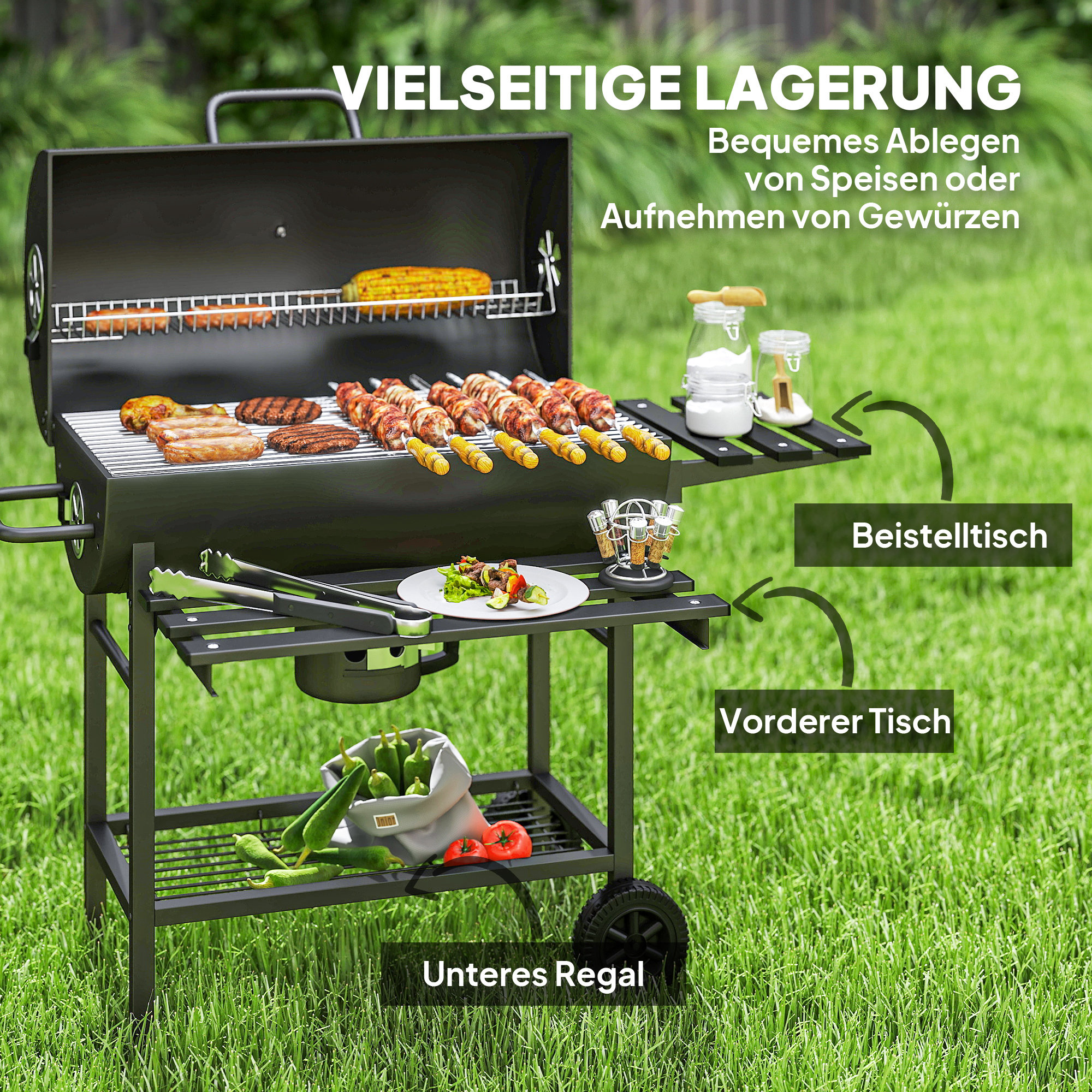 Holzkohlegrill aus Stahl BBQ Smoker mit Deckel Griffe Thermometer Räder fahrbar 114 x 65 x 95 cm
