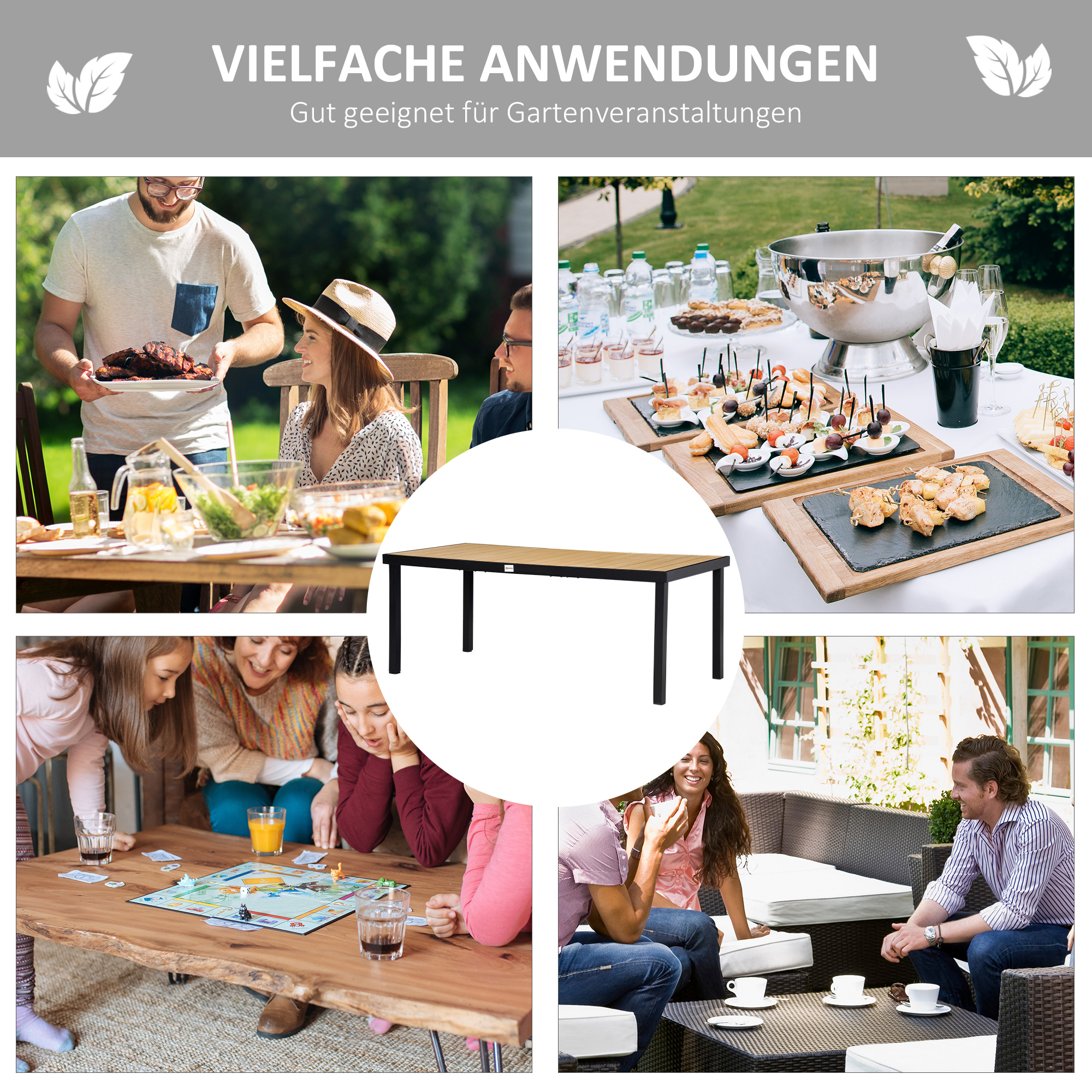 Gartentisch für 8 Personen Esstisch Aluminiumtisch Gartenmöbel Loungemöbel pflegeleicht Kunststoff Natur+Schwarz 190 x 90 x 74 cm