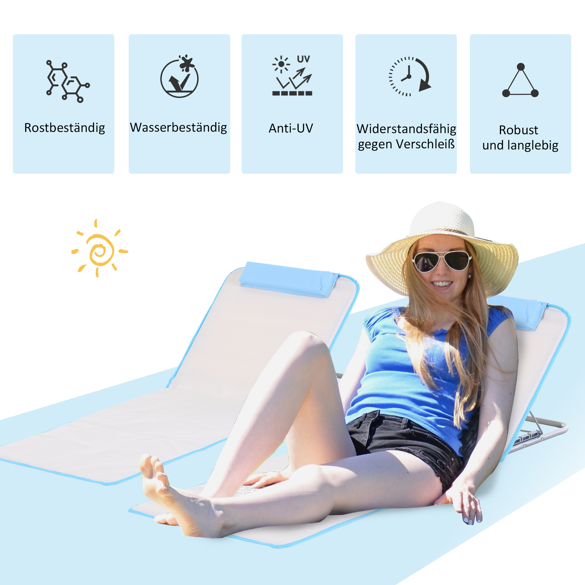 Strandliege Sonnenliege Gartenliege, klappbar, verstellbare Rücklehne, Seitentasche, 48 cm x 134 cm x 33-43 cm, Beige