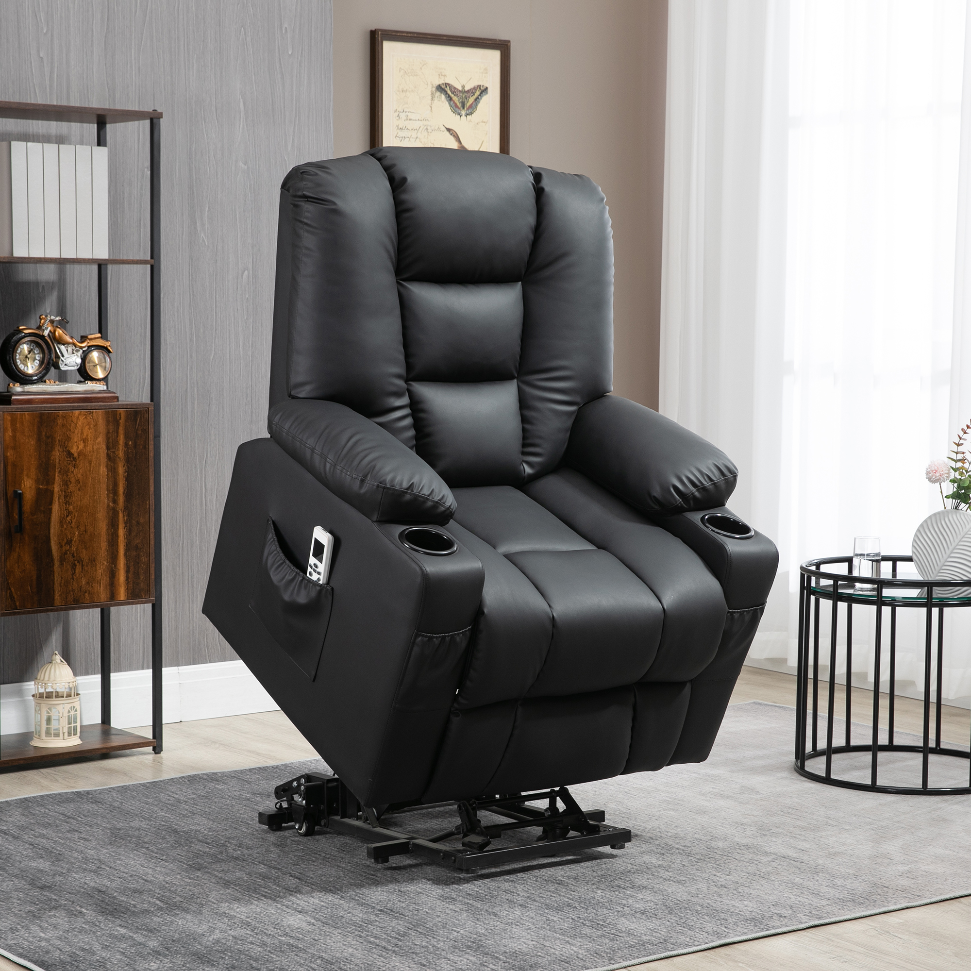 Relaxsessel mit Aufstehhilfe, USB, Massagefunktion, Kunstleder, bis 150 kg, 90x98x102 cm, Schwarz