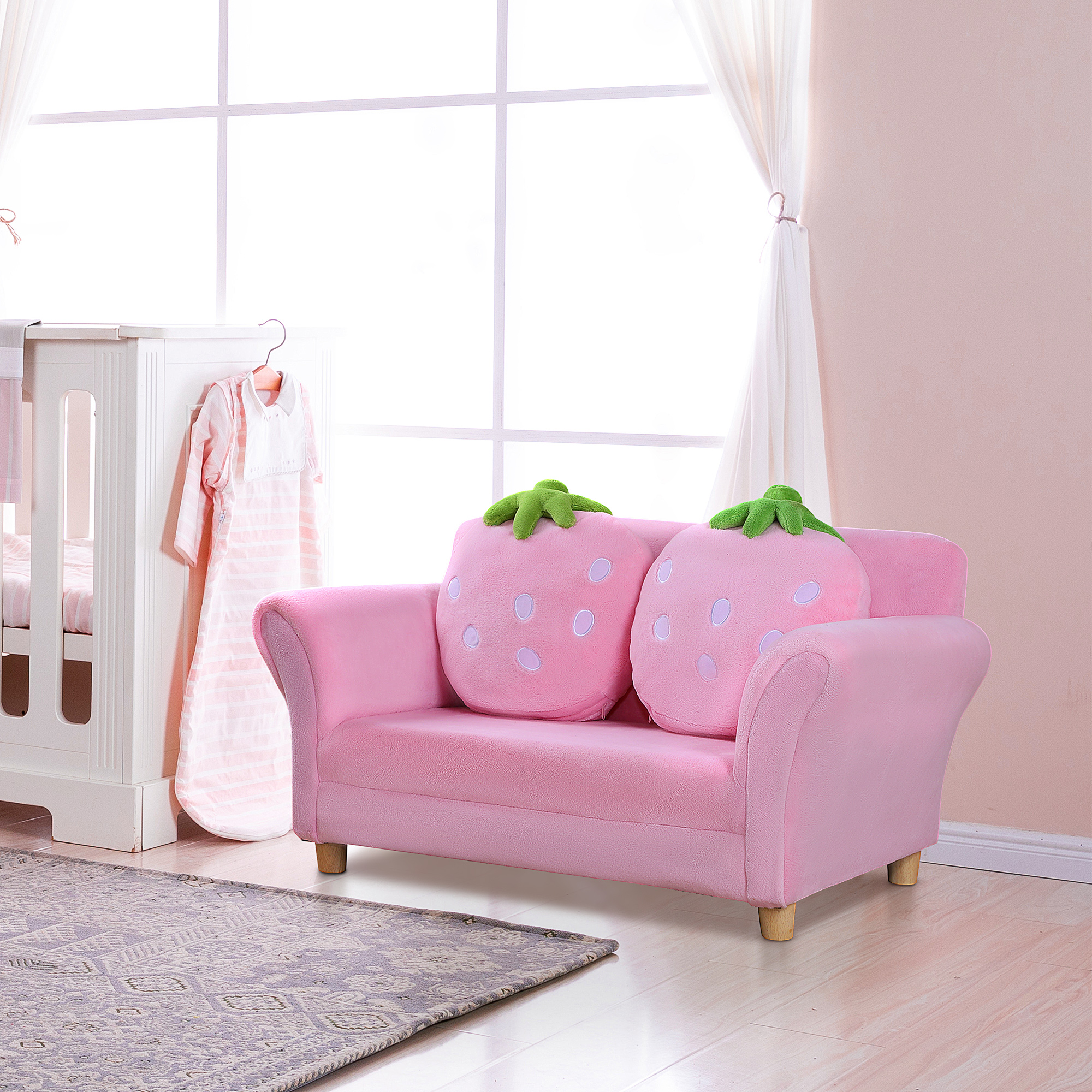 Kindersessel Kindersofa mit Korallenvlies-Optik, massiven Holzfüßen Sessel aus Schaumstoff Kinderstuhl für Kinderzimmer, Spielzimmer, 90 x 53 x 48cm, Rosa