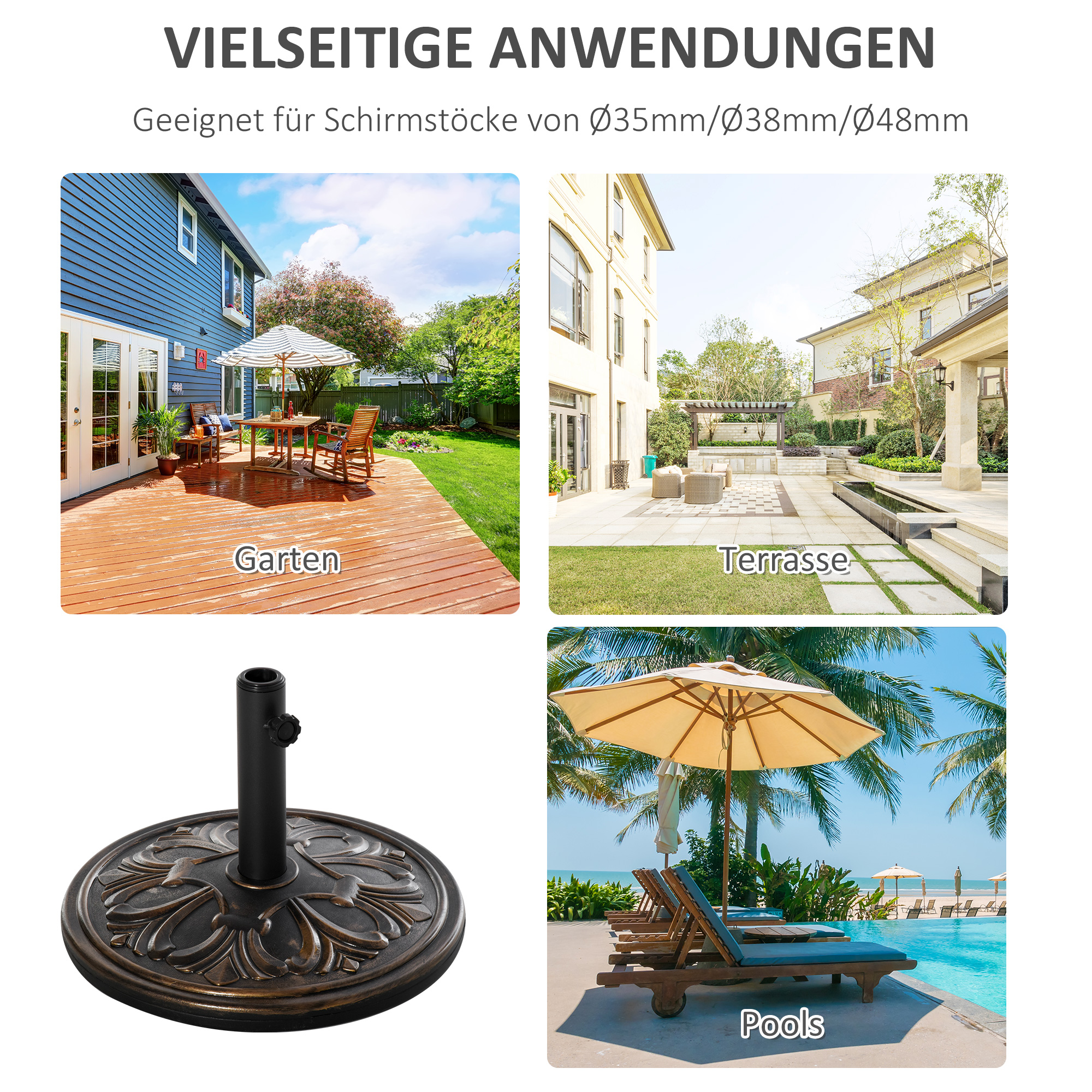 Sonnenschirmständer 13 kg Schirmständer Schirmstangen mit 35 mm/38 mm/48 mm Durchmesser Schirmhalter für Garten, Balkon, Antik Bronze