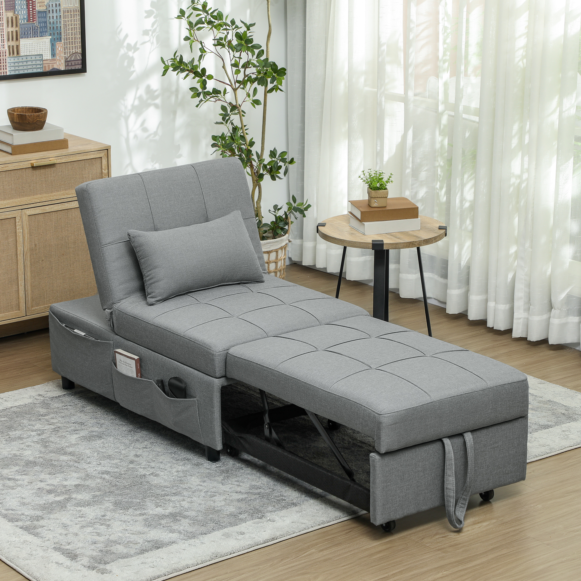 3-in-1 Klappsessel mit Seitentasche, Gästebett mit Kissen, Verstellbarer Rückenlehne, Bettsessel mit Rollen, Hellgrau