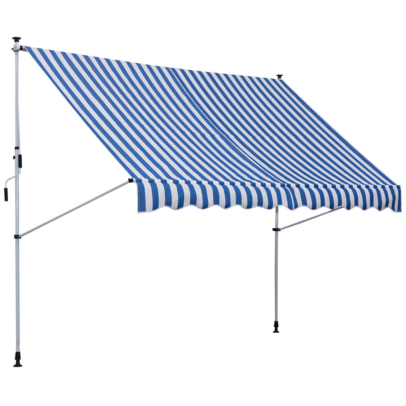 Klemmmarkise mit Handkurbel höhenverstellbar Gelenkarmmarkise schmutzabweisend, witterungsbeständig Balkonmarkise 150cm breit Terrassenmarkise für Terrasse Balkon Veranda Blau+Weiß
