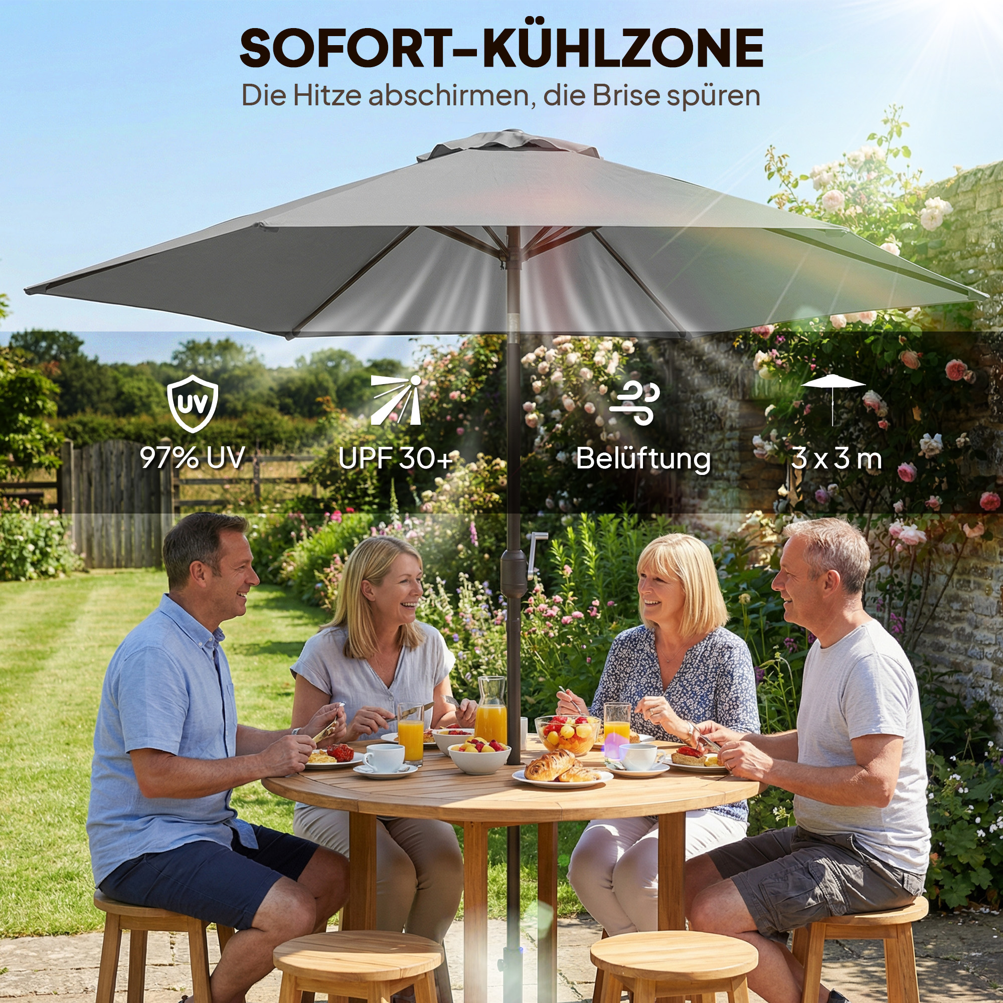 3 m Sonnenschirm mit Schutzhülle, Outdoor-Marktschirm mit Neigefunktion und Kurbel, Windöffnung, Grau