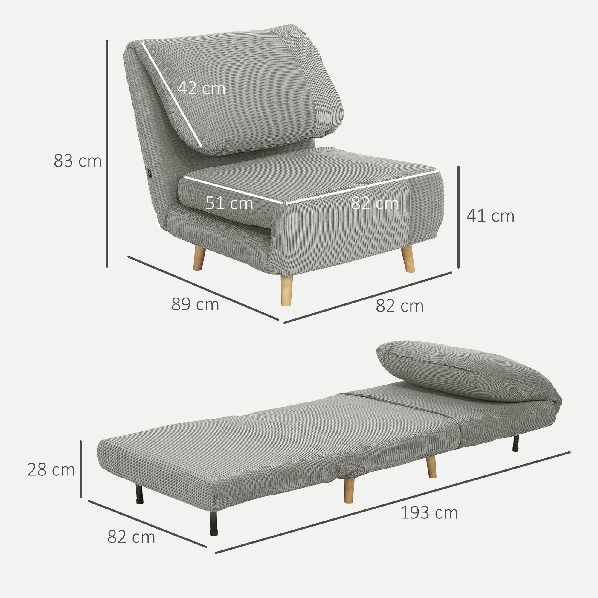 2-in-1 Schlafsessel Gästebett, verstellbare  Kopfstütze Cord-Optik 82 cm x 87 cm x 89 cm Grau