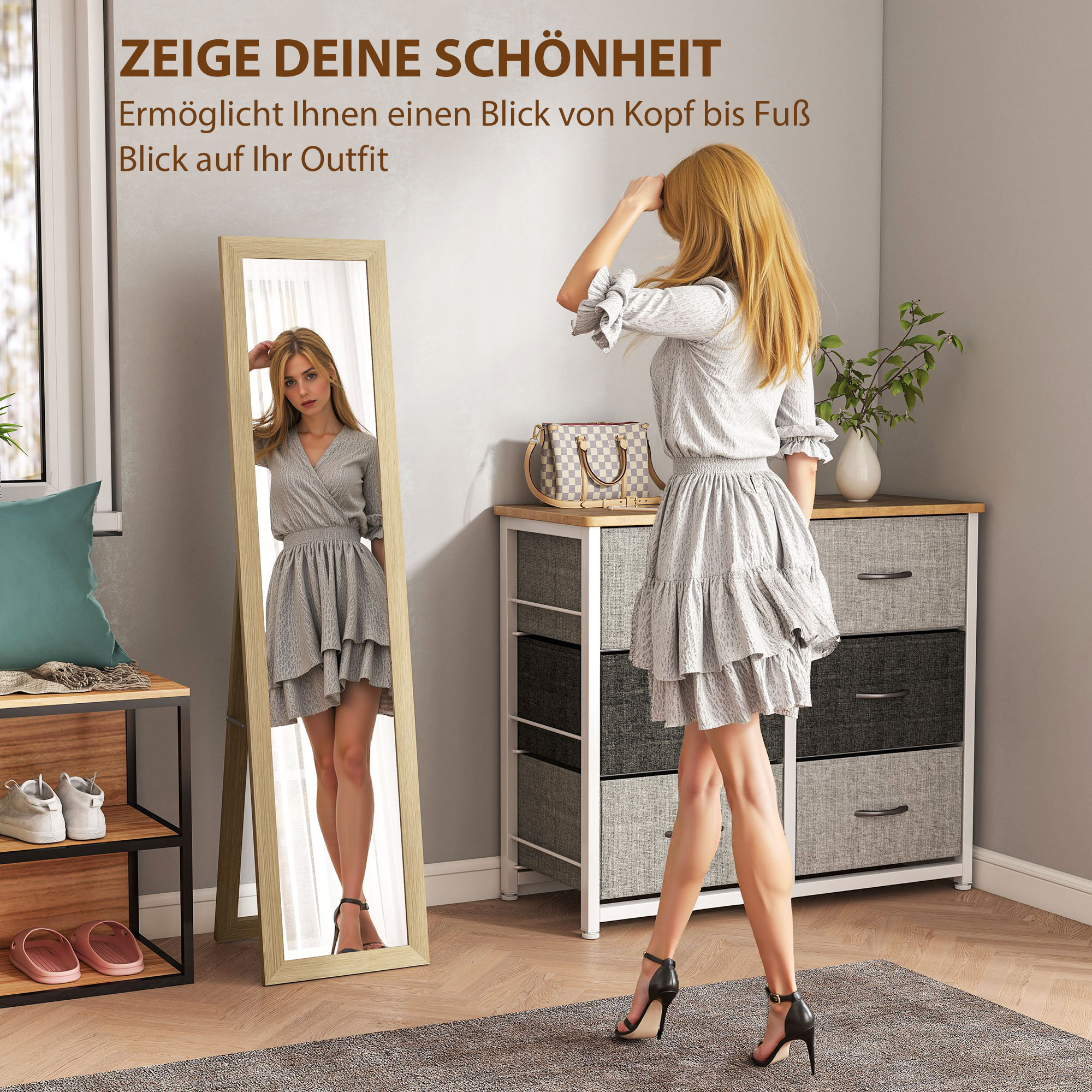 Spiegel Ganzkörperspiegel Wandspiegel, 37 cm x 40 cm x 155 cm, inkl. Befestigungshaken, Silber + Eiche