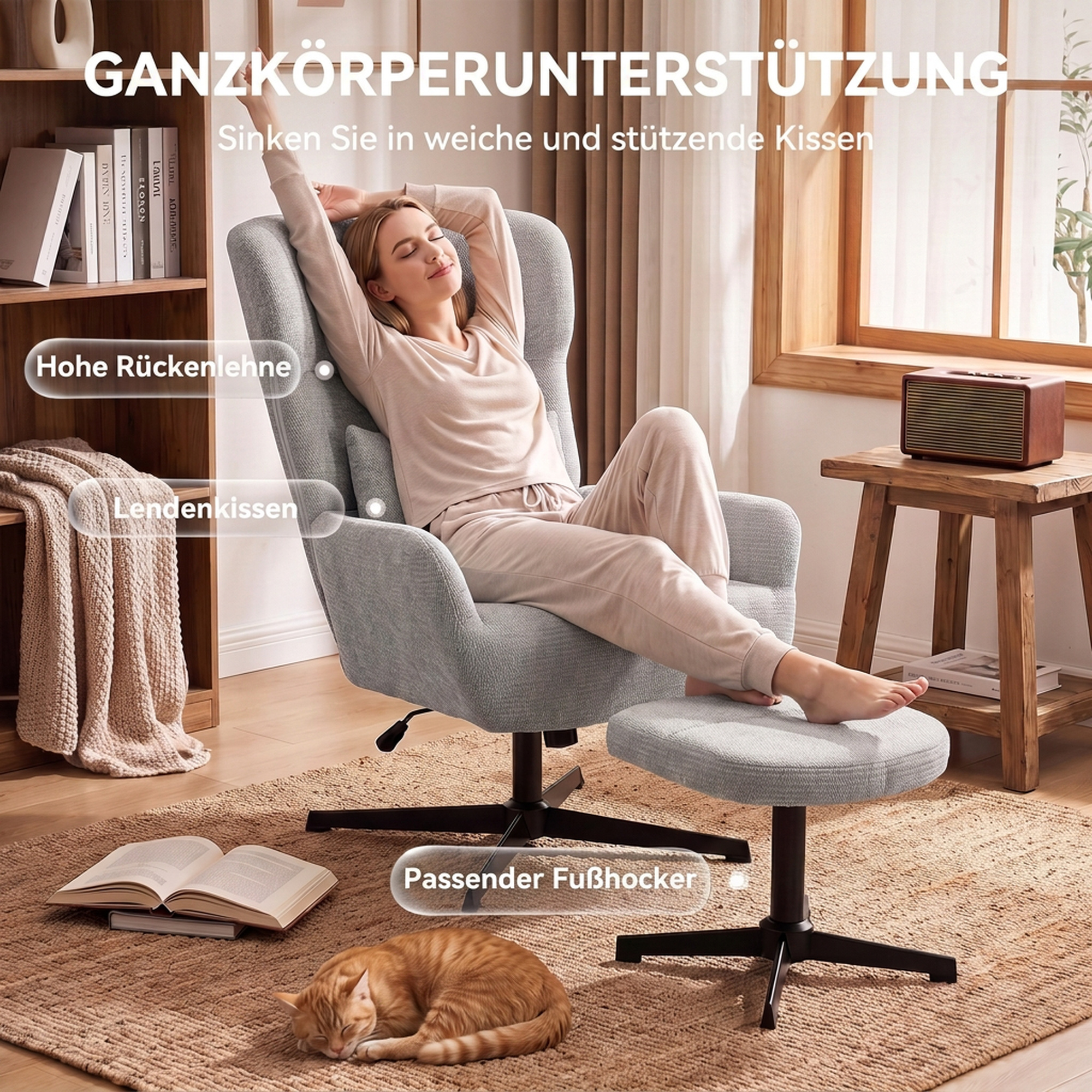 360° drehbarer Loungesessel mit Hocker, höhenverstellbar, Chenille-Bezug, mit Lendenkissen, Cremeweiß