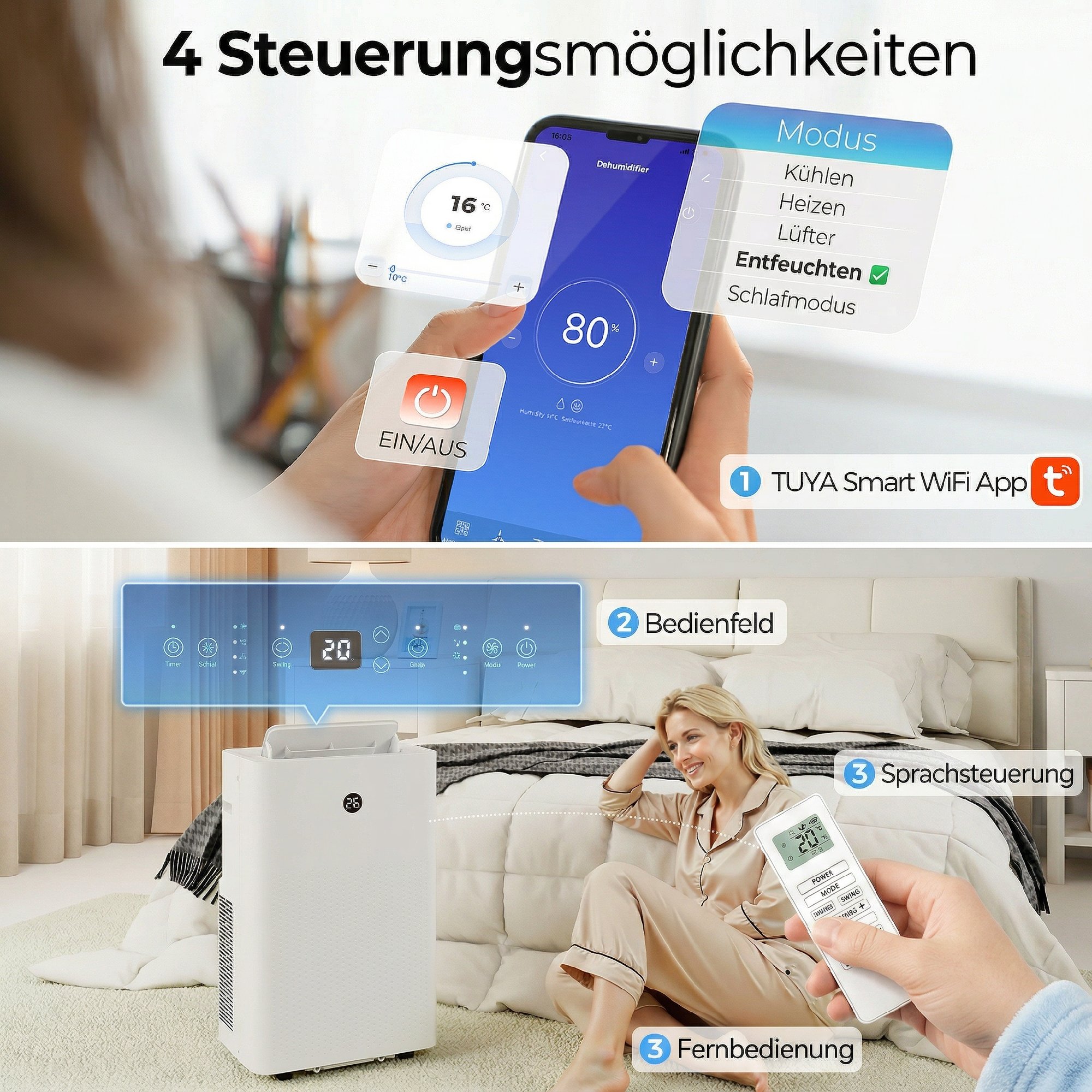 tragbares Klimagerät mit 12.000 BTU, 4-in-1 Klimaanlage mit WiFi- und Sprachsteuerung, Kühlung, Entfeuchter, Ventilator, Schlafmodus