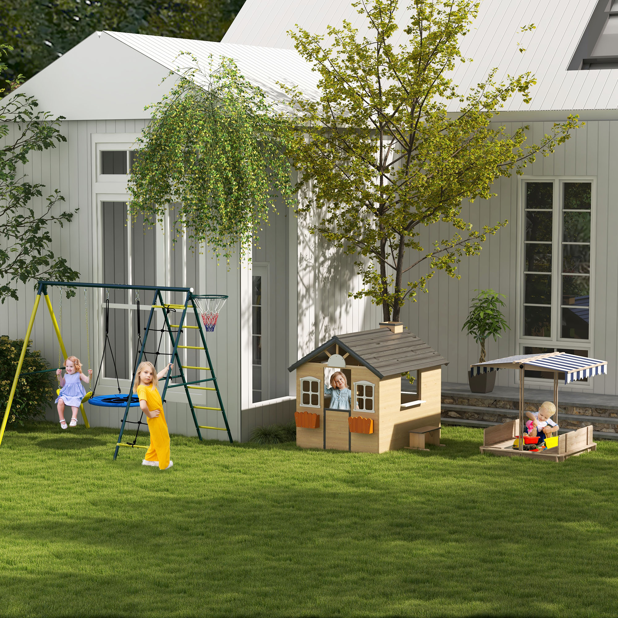 Kinderschaukel-Gerüst mit 2 Schaukeln, Basketballkorb, Kletterleiter, 267x180x202 cm, Gelb