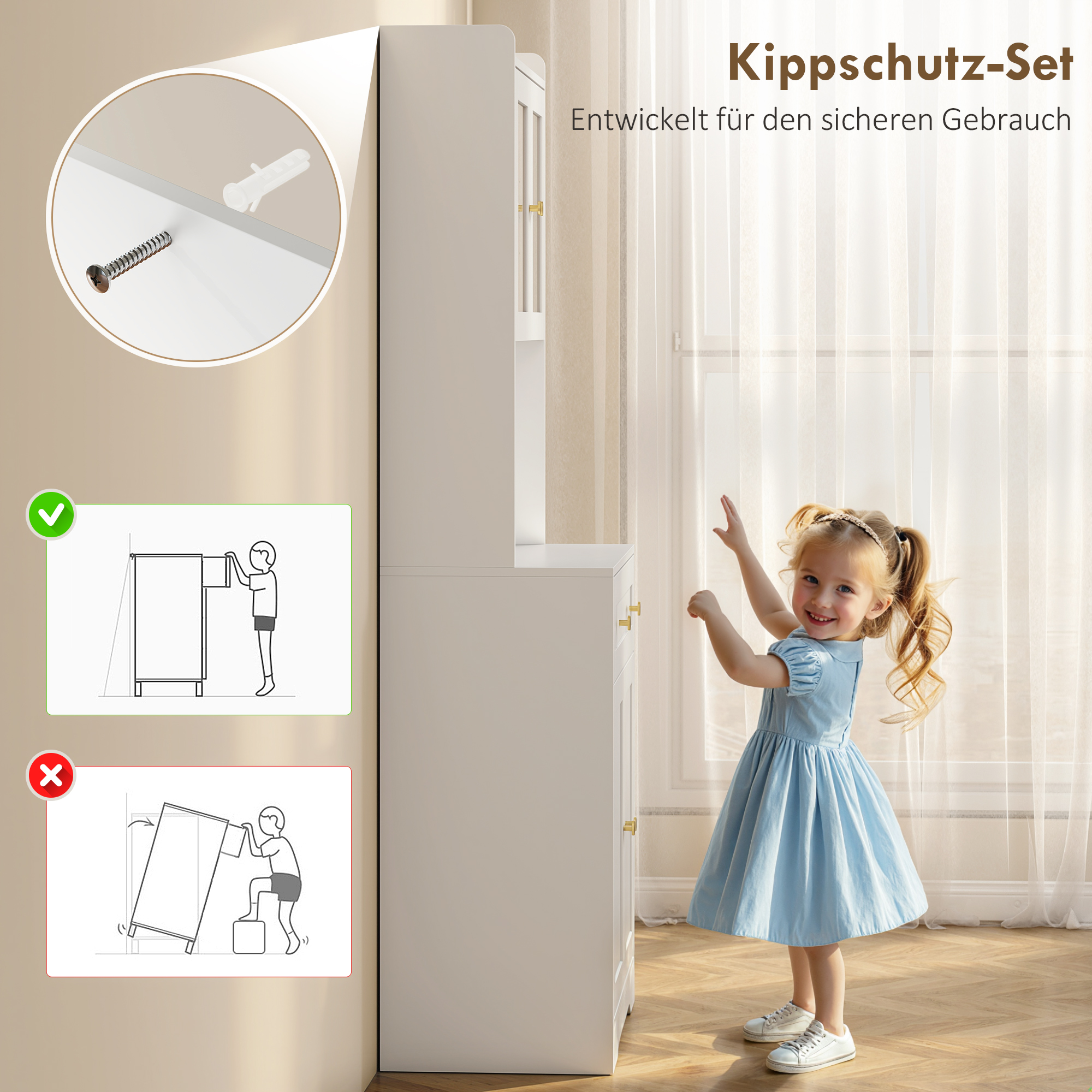 Küchenschrank mit Arbeitsfläche, Weinglashalter, Vorratsschrank für Küche, Esszimmer, 170 cm, MDF, Glas, Weiß