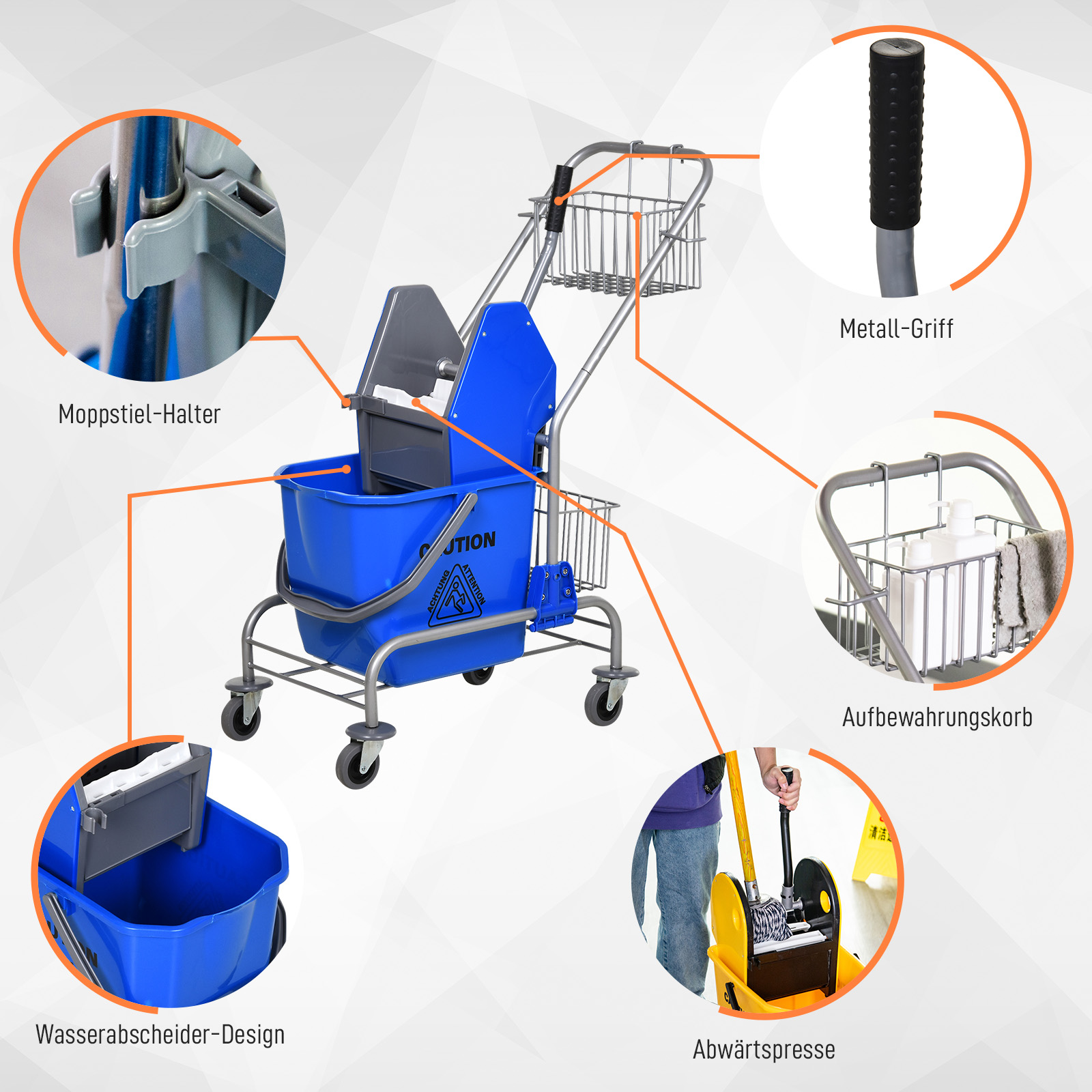 Reinigungseimer, Wischmoppeimer, rollbar, Kunststoff, Metallgriff, Blau