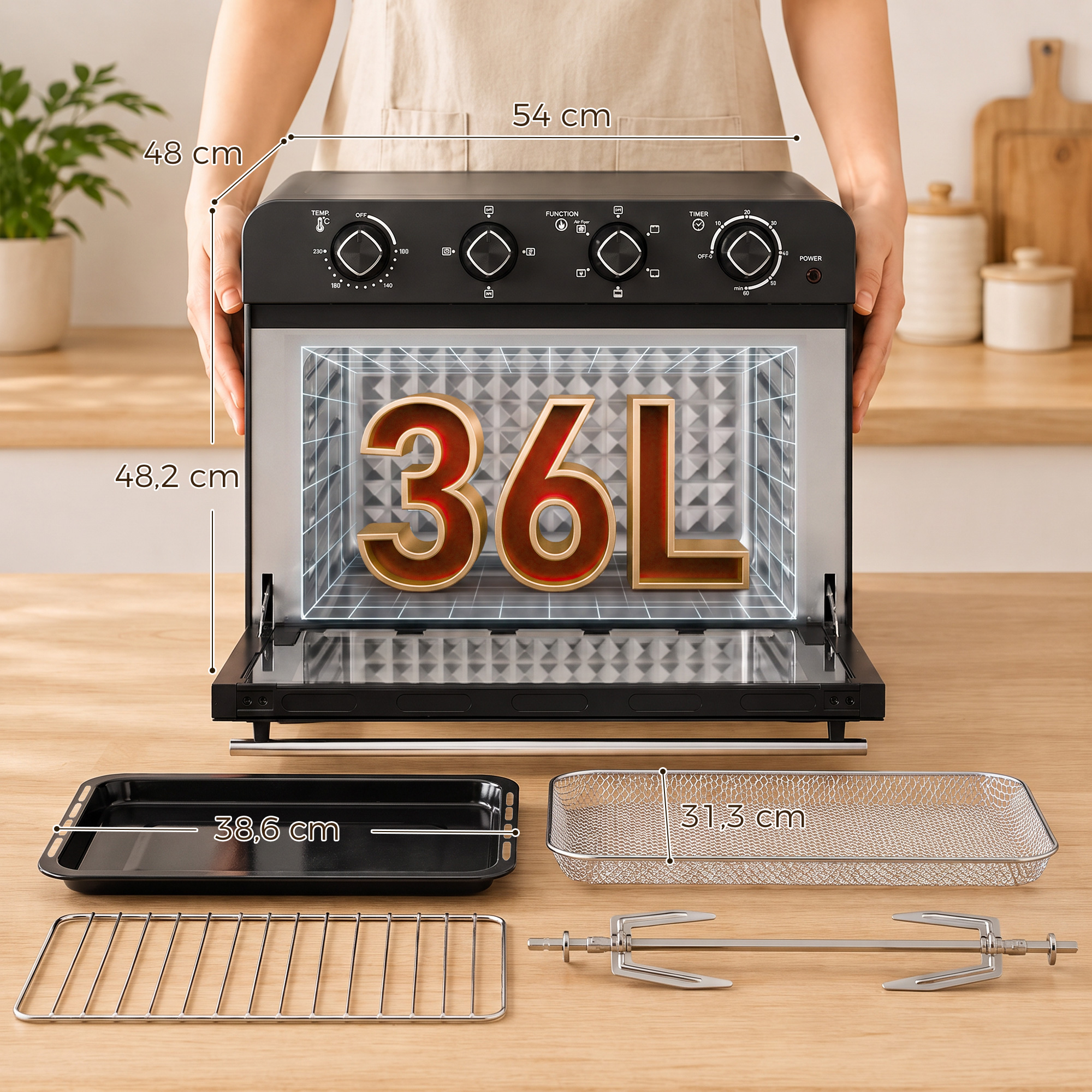 Heißluftfritteusen-Backofen mit Umluft und Drehspieß-Set, Temperaturregler, Timer, 1800 W