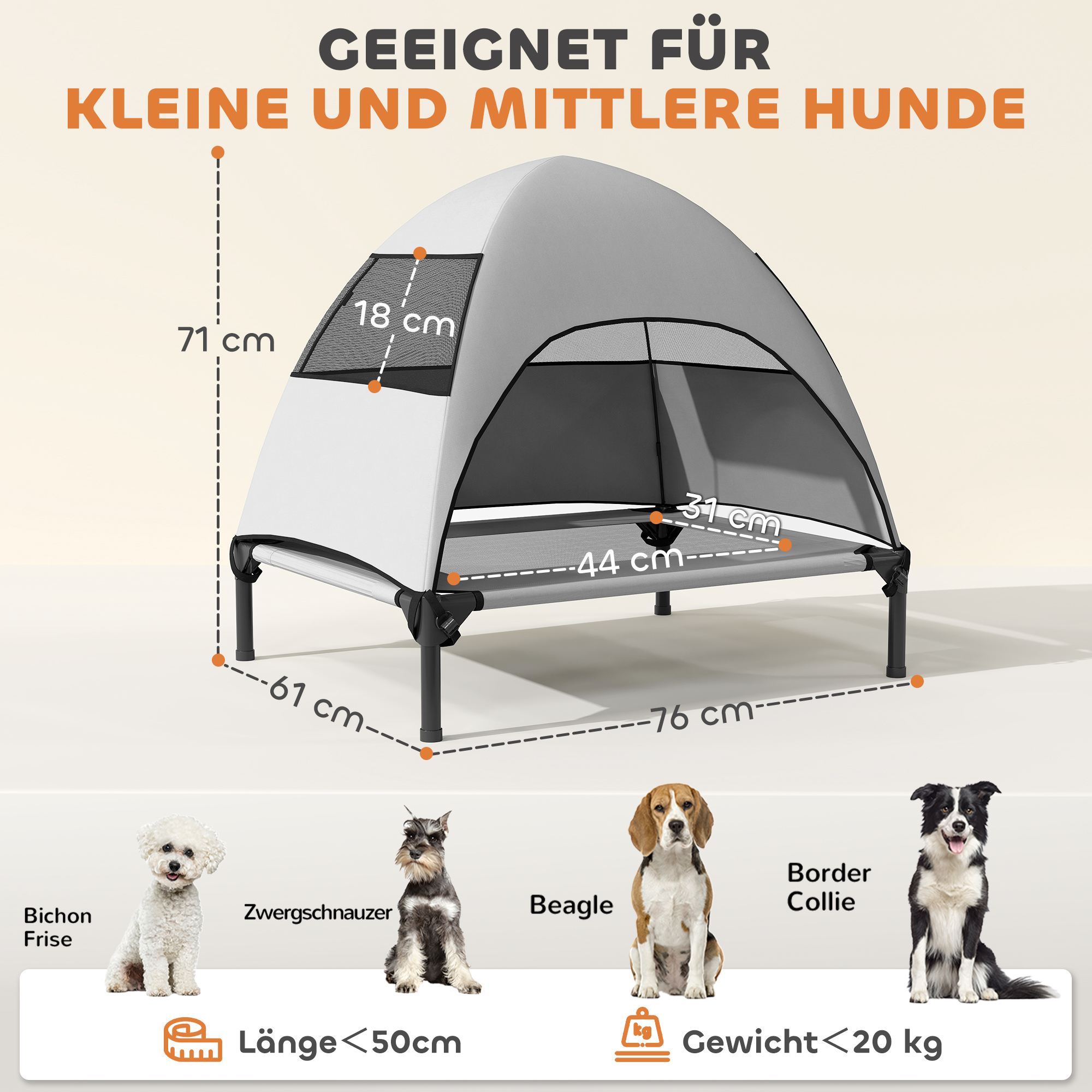 Hundeliege Outdoor mit Dach, erhöhtes Hundebett für Mittelgroße Hunde, 76 x 61 x 71cm, Hellgrau
