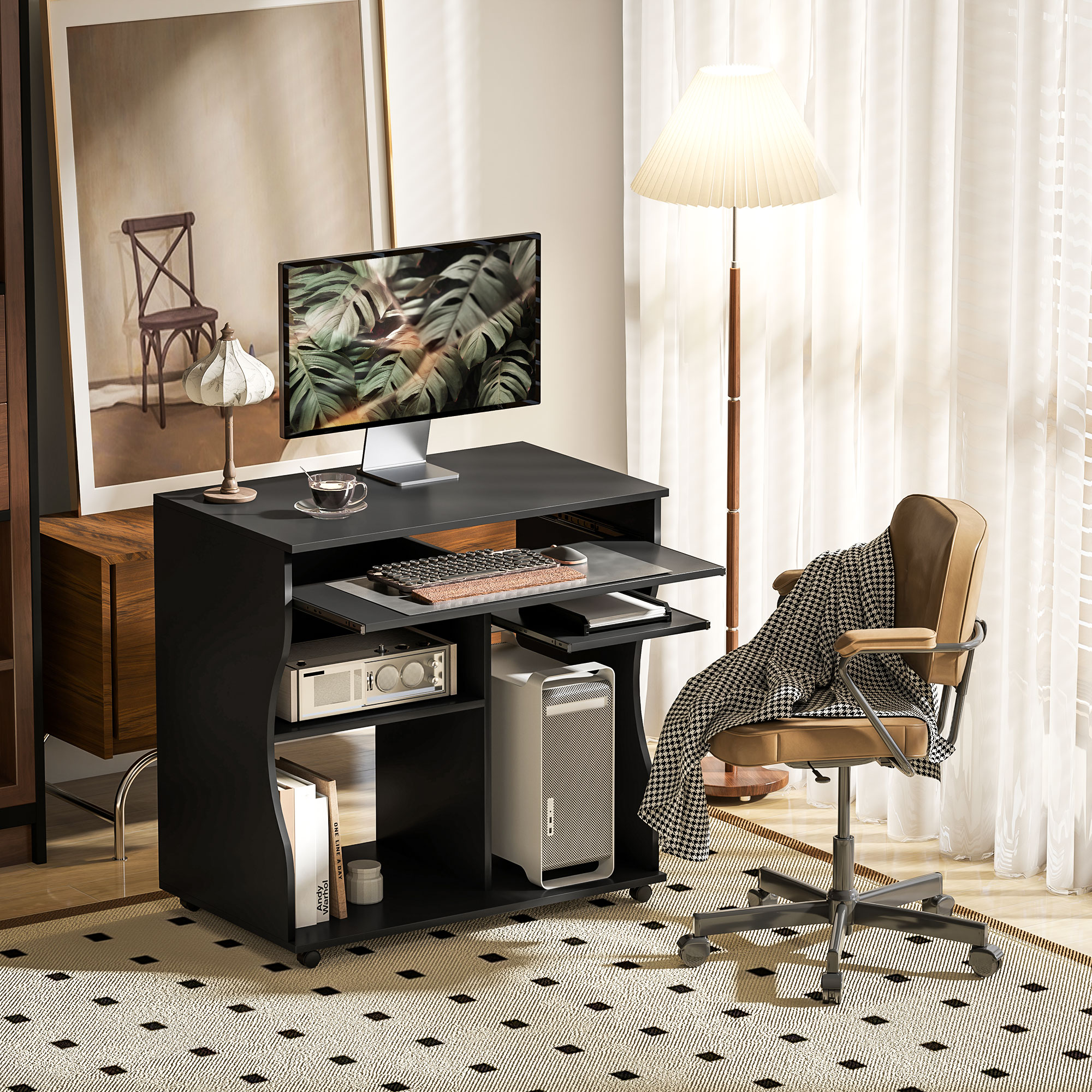 Computertisch mit Rollen, Schreibtisch mit Stauraum, 80 x 48 x 75 cm, Schwarz
