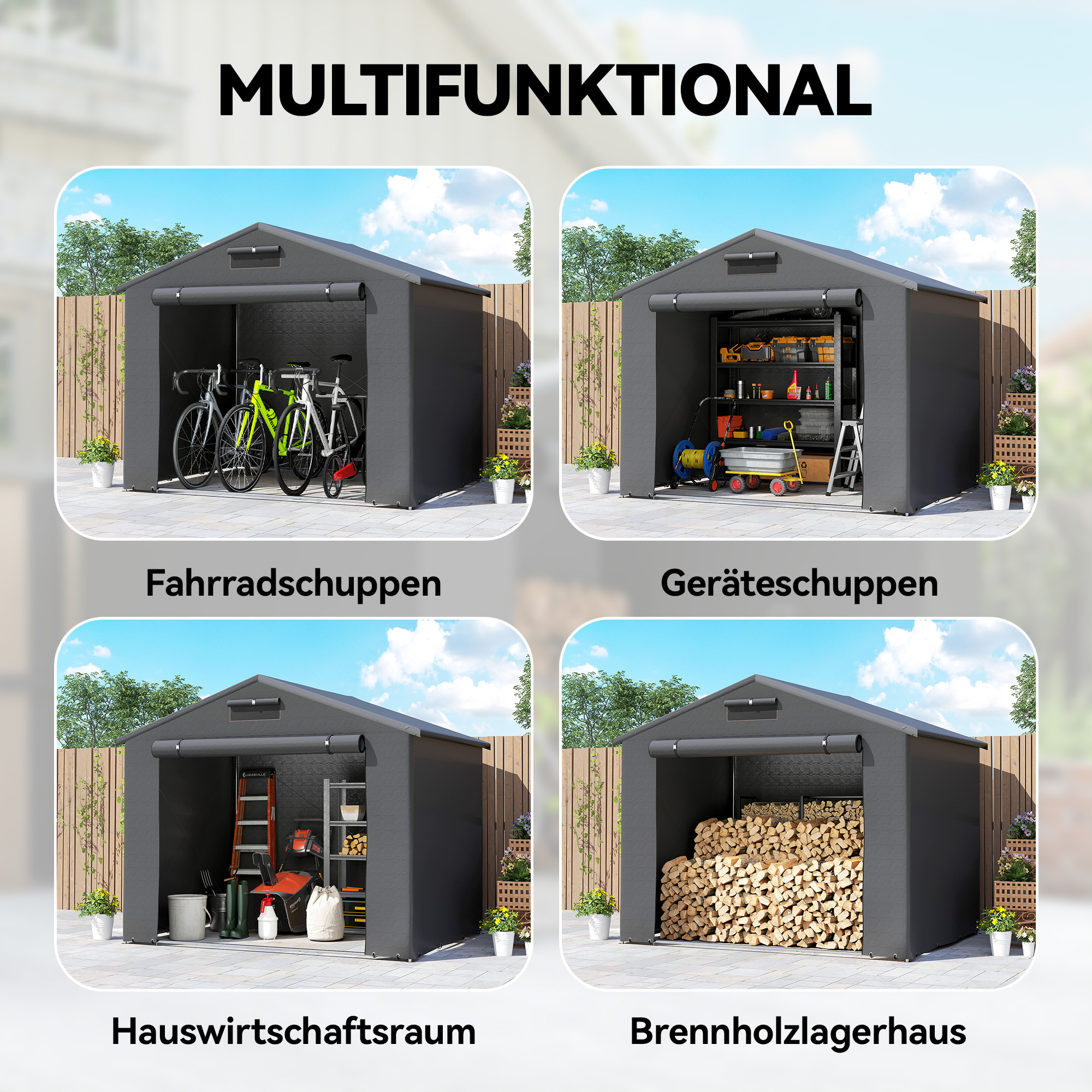 Zeltgarage 2,5x1,8 m Wasserdicht Garagenzelt mit aufrollbarer Reißverschlusstür Belüftungsfenster Dunkelgrau