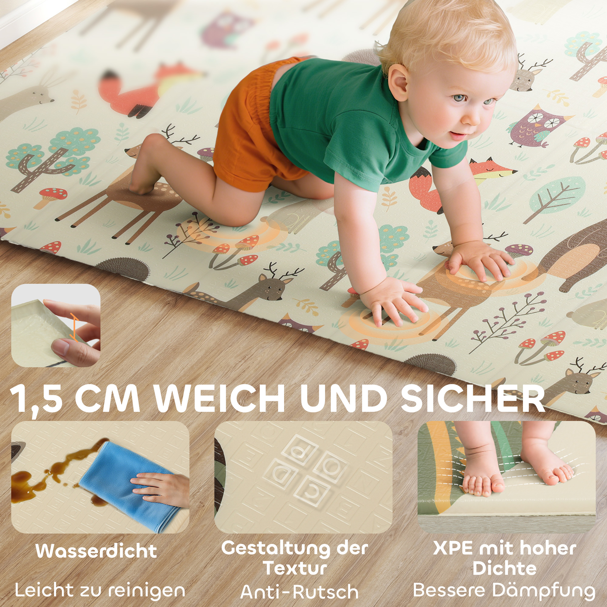 Spielmatte Baby 196 x 176 x 1,5 cm faltbar Doppelseitige Krabbelmatte Mehrfarbig