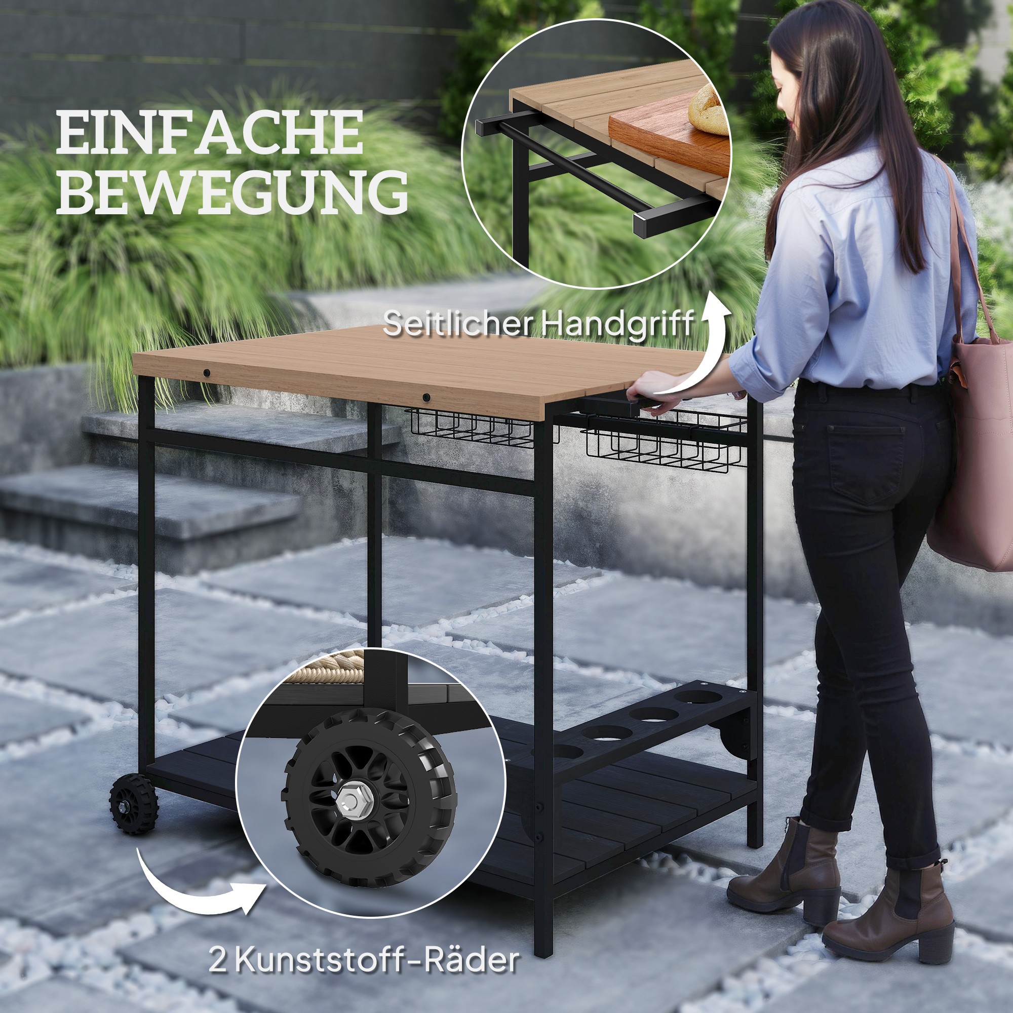 Servierwagen, Küchenwagen, 2 Etagen, 4 Flaschenhalter, In/Outdoor, Natur/Schwarz