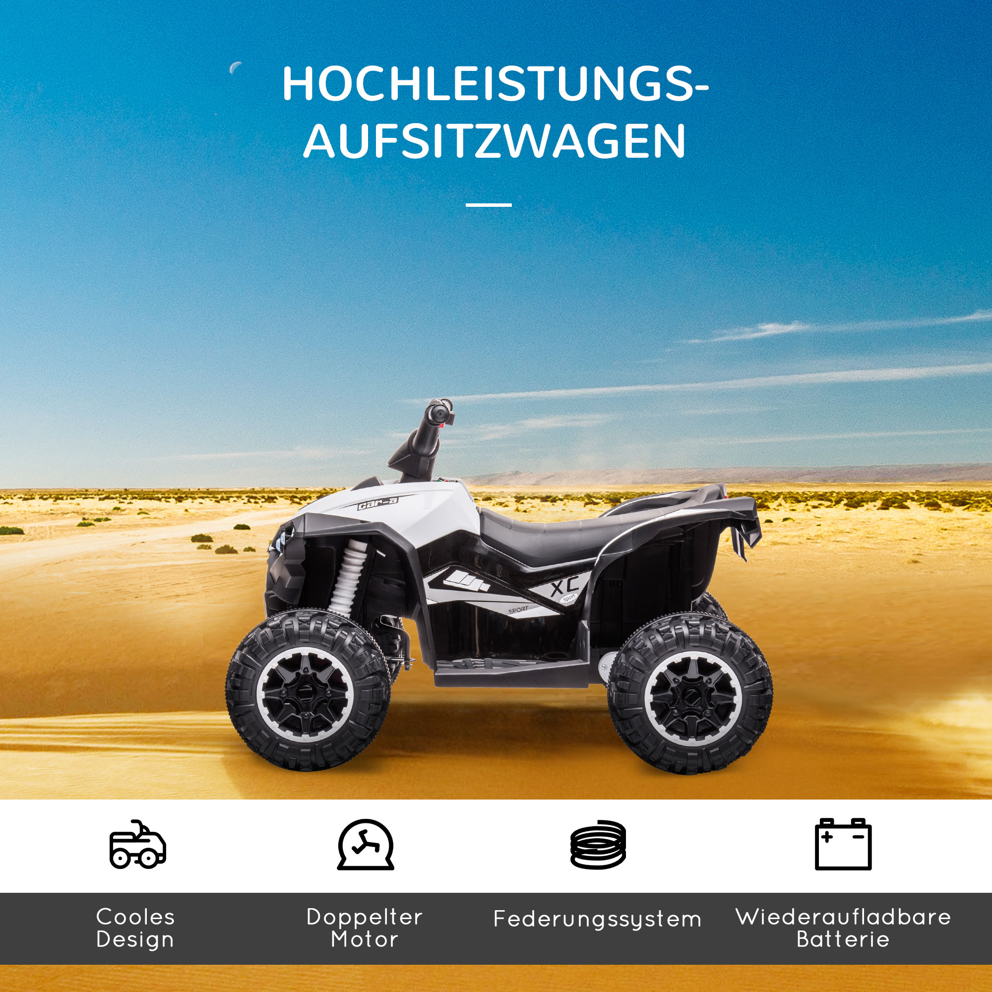 Kinder-Quad Elektrisches Kinderauto, 6 km/h, Sound- und Lichteffekte, : 83 cm x 53 cm x 55,5 cm, Schwarz + Weiß