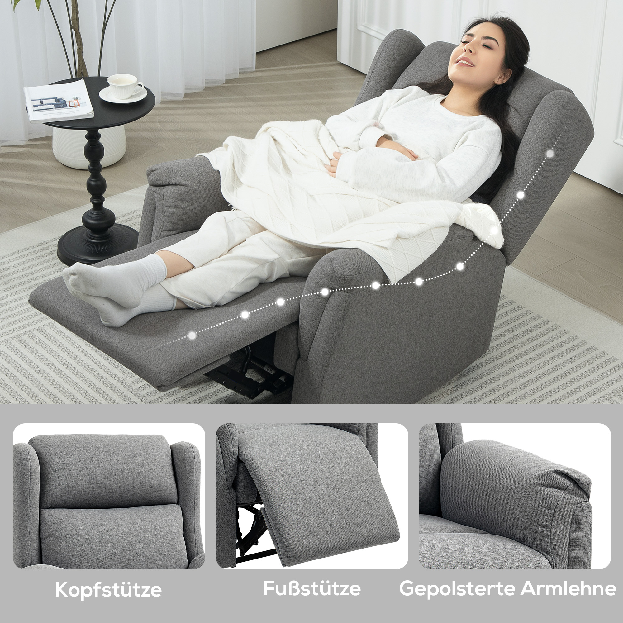 Relaxsessel, Verstellbarer Polstersessel mit Fußstütze, 160° neigbar, Leinenoptik, schneller Aufbau, Dunkelgrau