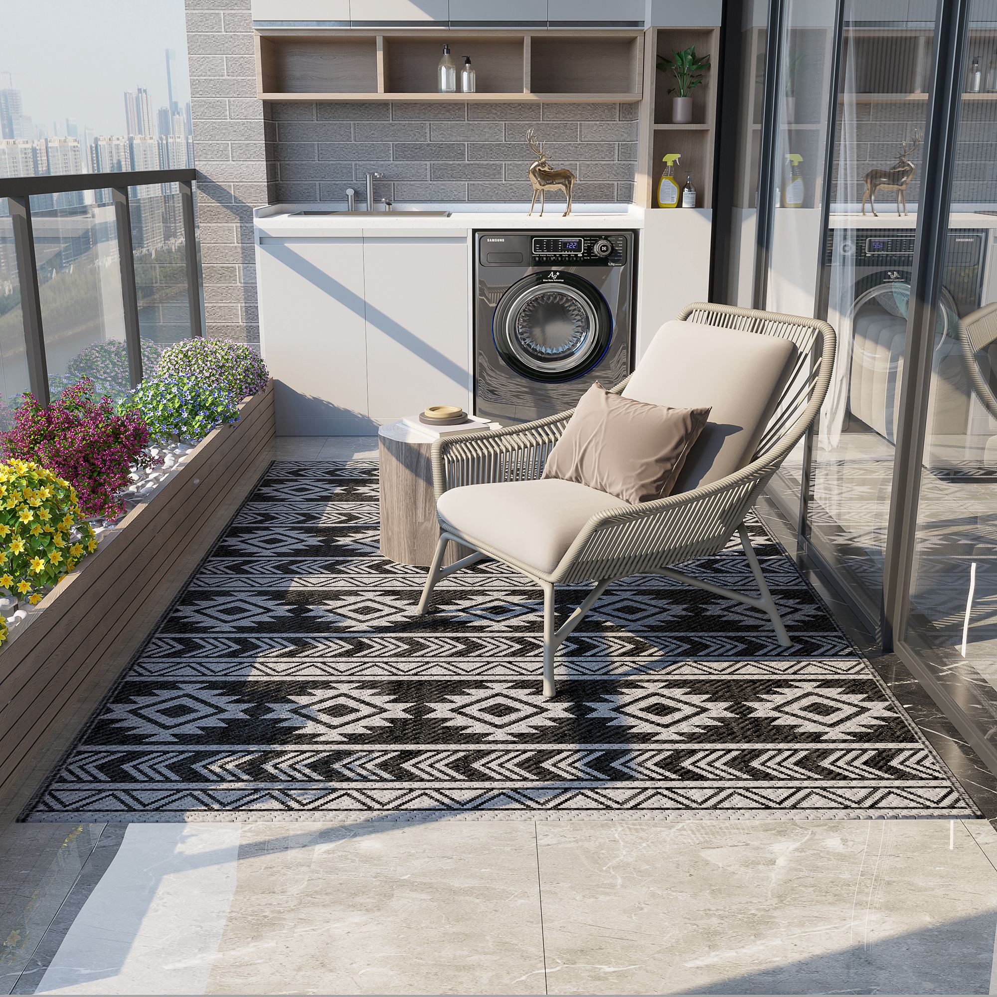 Outdoor-Teppich, wasserdicht, doppelseitiges Design, hochwertige Kunststofffaser, schwarz+grau, 182 x 274cm