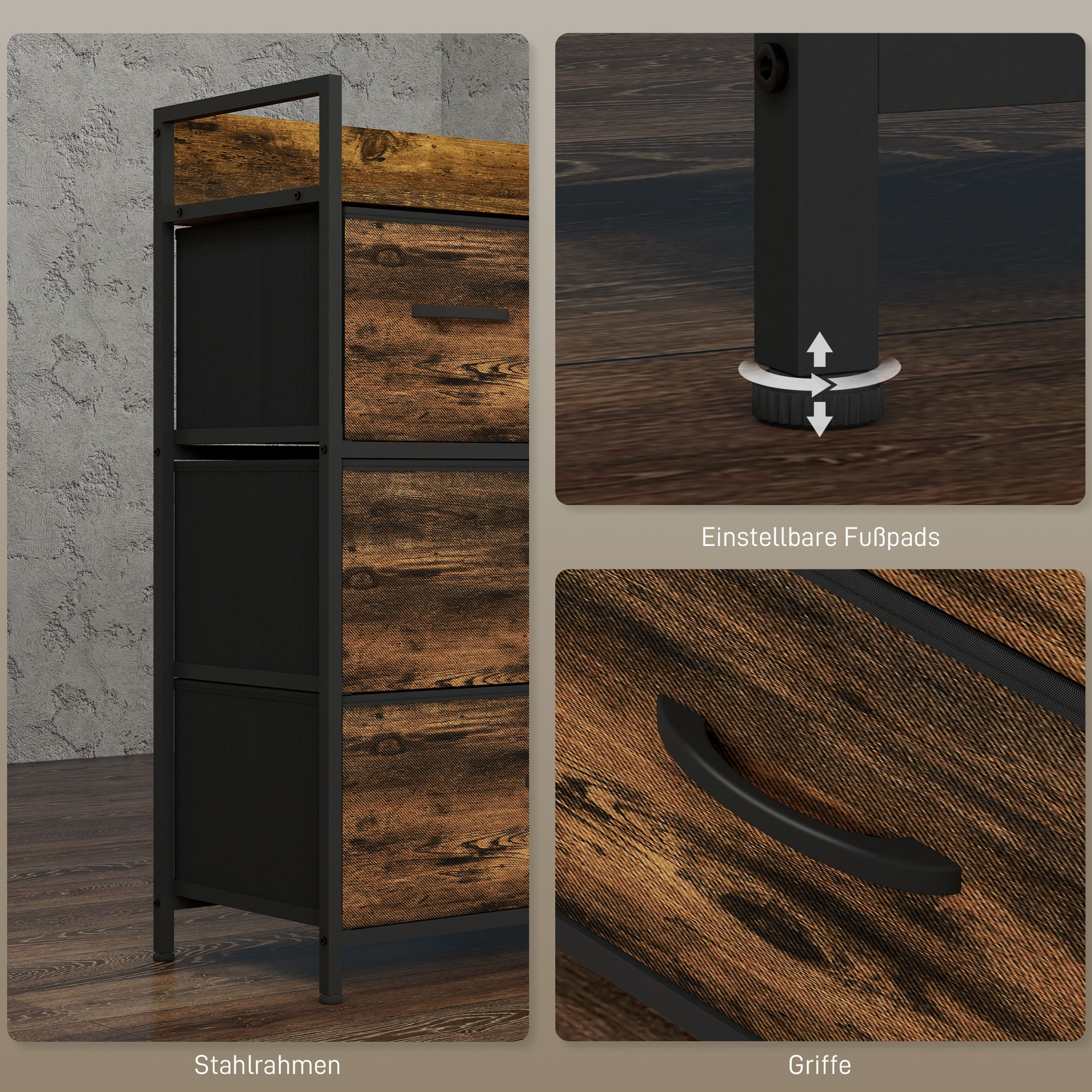 Kommode, Sideboard, 4 Stoffschubladen, Industrial Design, 60x29x85cm, Braun/Schwarz