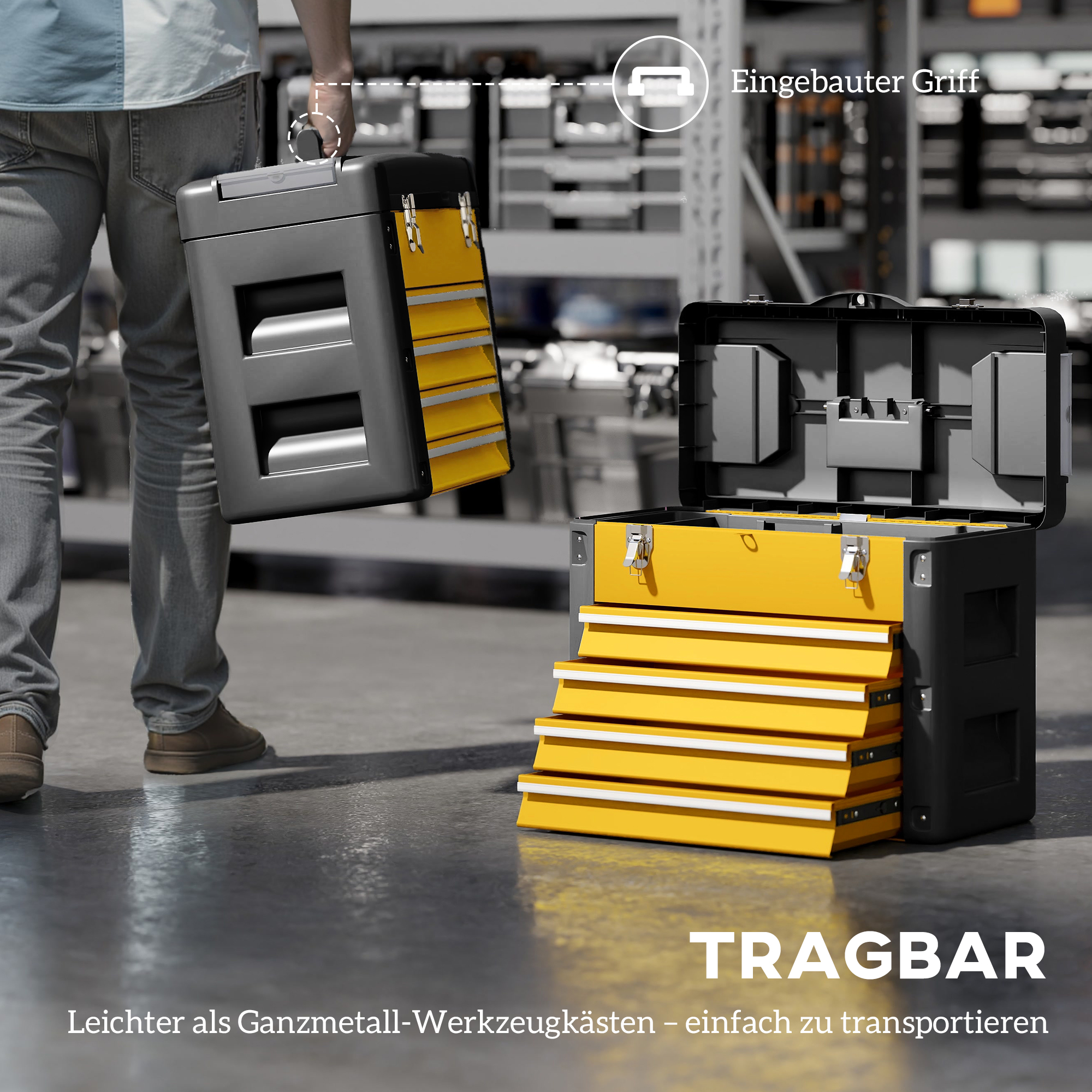 Werkzeugkiste leer, 49,7 x 25,3 x 40,7 cm Werkzeugkasten mit 4 Schubladen, Mini-Box Stahl Gelb