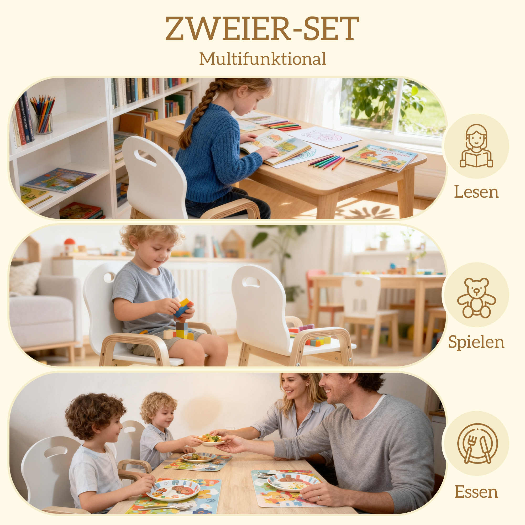 Holzstuhl-Set für Kinder, rutschfeste Fußpads, 3-15 Jahre, höhenverstellbar, Weiß
