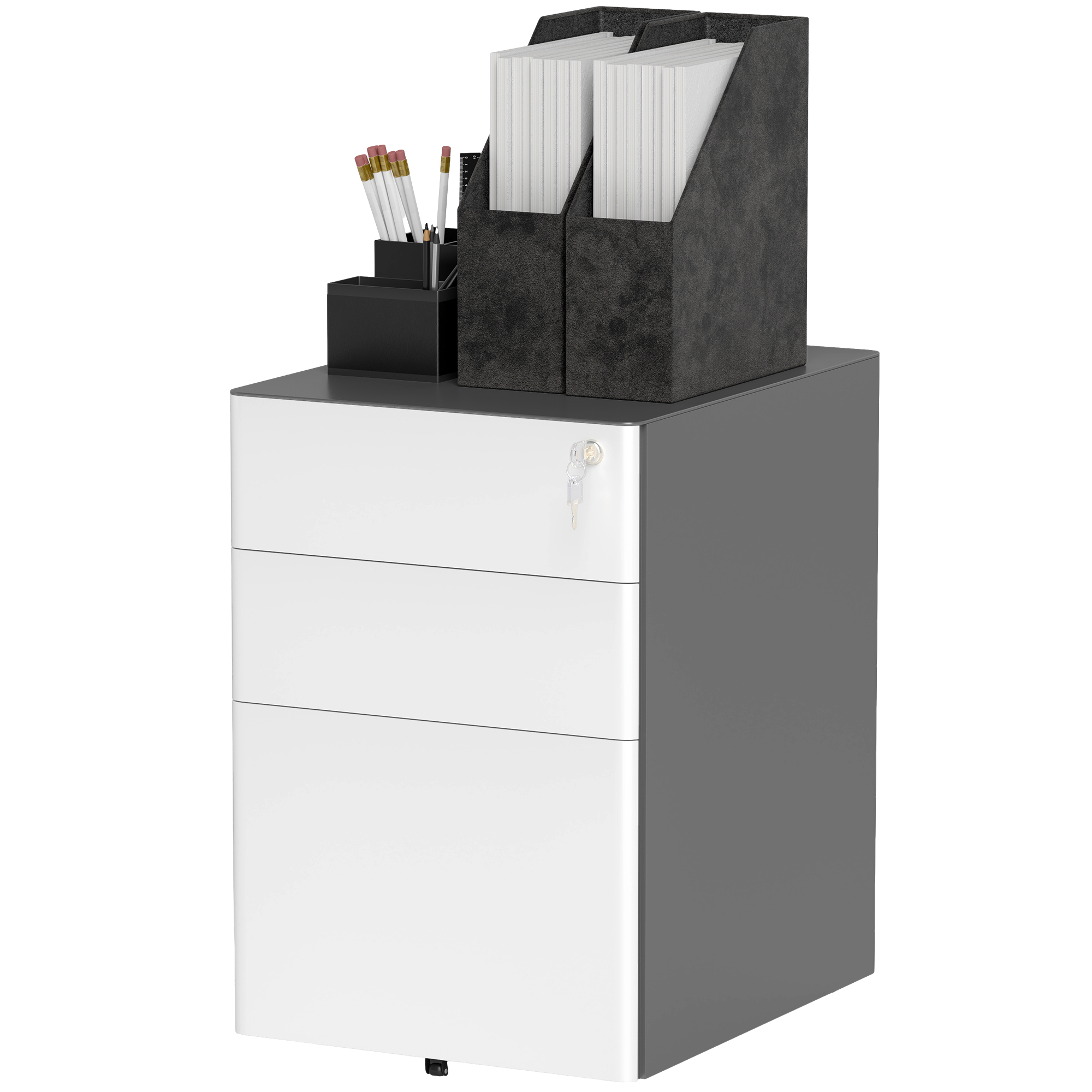 Aktenschrank, Rollcontainer, 3 Schubladen & Hängeregister, Schloss, Stahlgehäuse, 39x48x59 cm, Weiß+Grau Aktenschrank, Rollcontainer, 3 Schubladen & Hängeregister, Schloss, Stahlgehäuse, 39x48x59 cm, Weiß+Grau