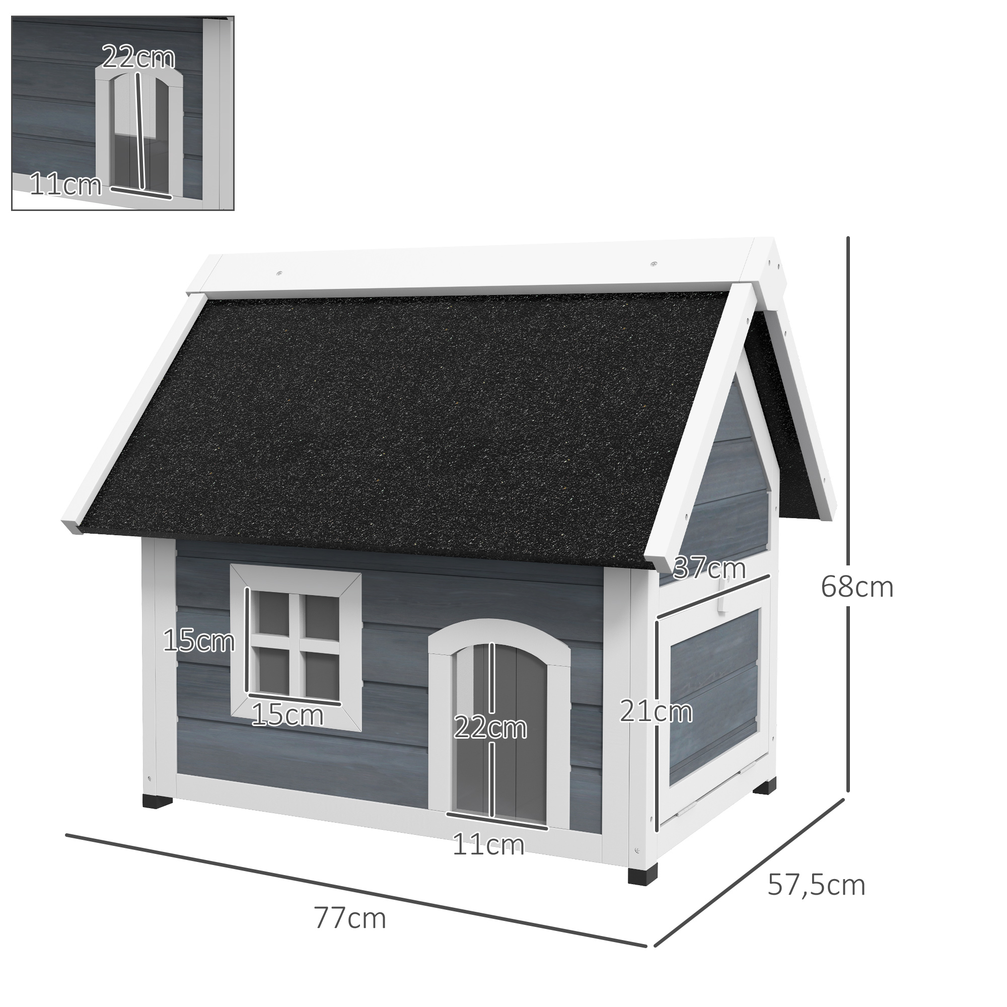Katzenhaus, wetterfest, mit Fenster, 77x57,5x68cm (außer Asphaltdach), Grau/Weiß/Schwarz