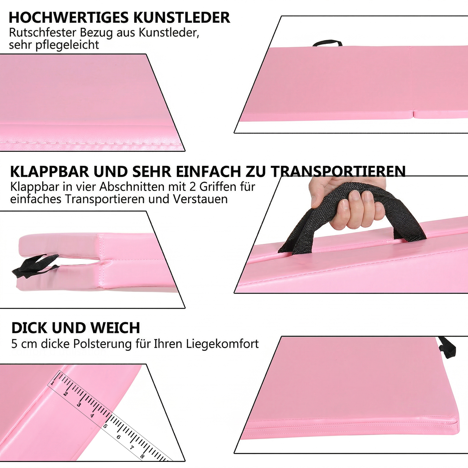 Trainingsmatte, faltbare Fitnessmatte mit Griffen für Yoga, MMA, Fitness, Pilates, Synthetikbezug, 180 x 60 x 5 cm, Rosa