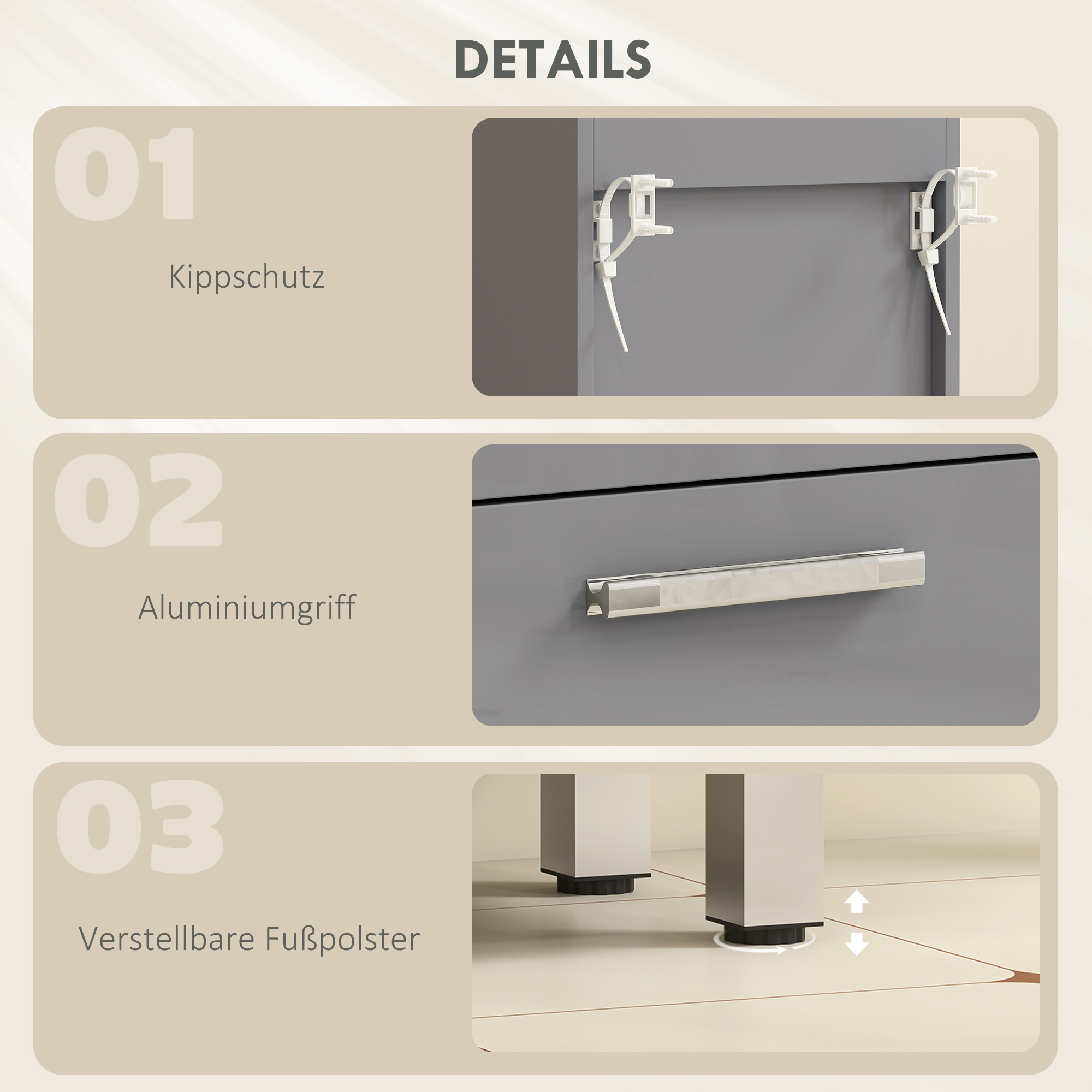 Badezimmerschrank, Badschrank, 4 Schubladen, Spanplatte, glatt, Grau