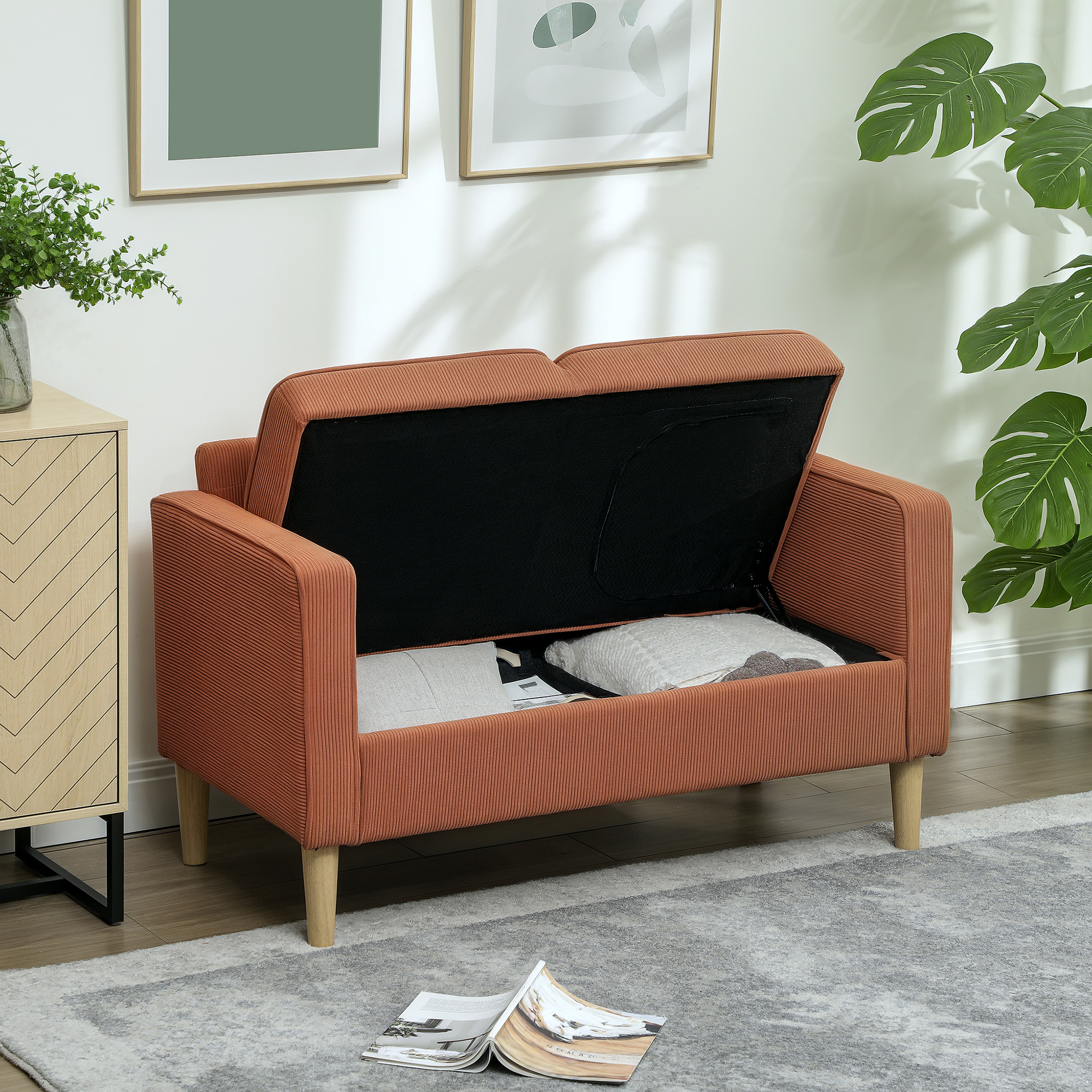 Zweisitzer-Sofa mit Stauraum und soliden Holzbeinen, für Wohnzimmer, Schlafzimmer, 117 x 63 x 79 cm, Orange