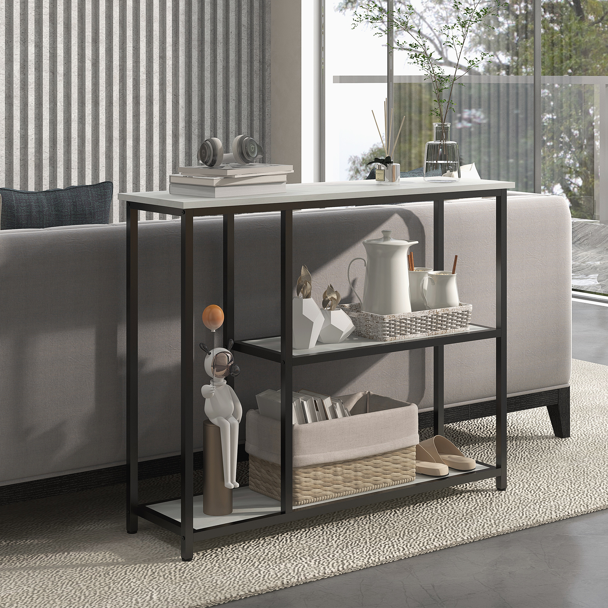 Konsolentisch im Industriedesign, 2 Regale, Marmor-Optik, Schwarz + Weiß