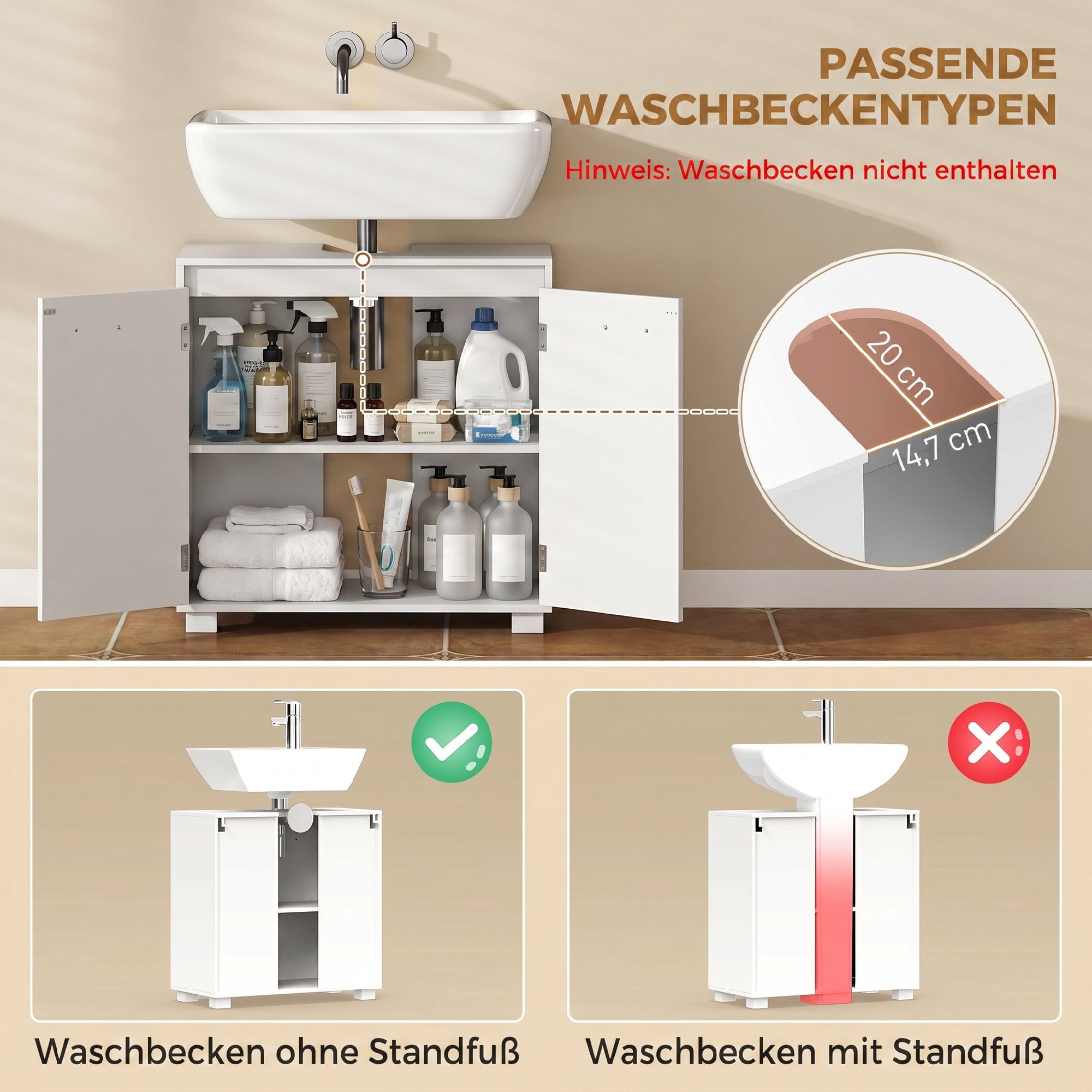 Waschbeckenunterschrank, Modernes freistehendes Badmöbel mit U-förmiger Aussparung, verstellbarem Regal, Weiß