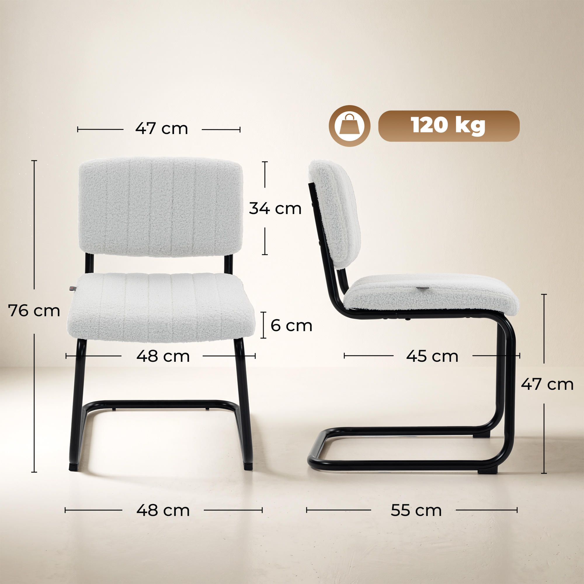 Esszimmerstühle 2er Set modern Freischwinger Stuhl mit hoher Rückenlehne, Teddyfleece-Optik für Küche, Esstisch Creme