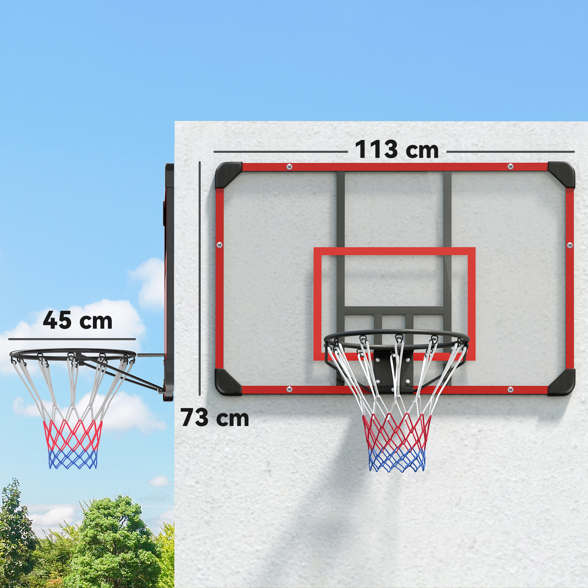 Basketballkorb für Wandmontage, Innen/Außen, robuste PC-Rückwand, Nylonnetz, Stahlring, 113x61x73 cm
