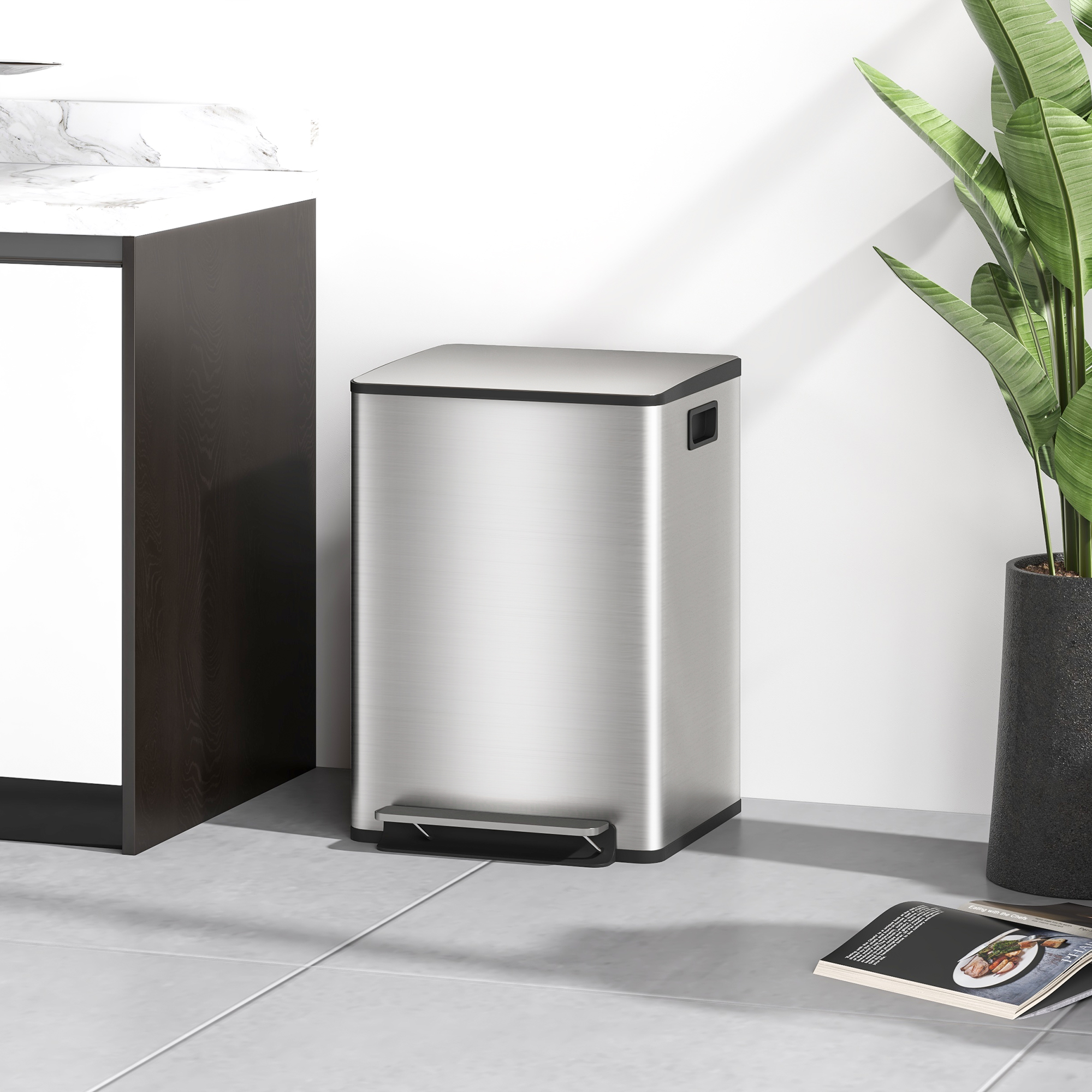 Mülleimer mit 2x20l Fächern, Soft-Close-Deckel, Fingerabdrucksicher, Edelstahl, Silber