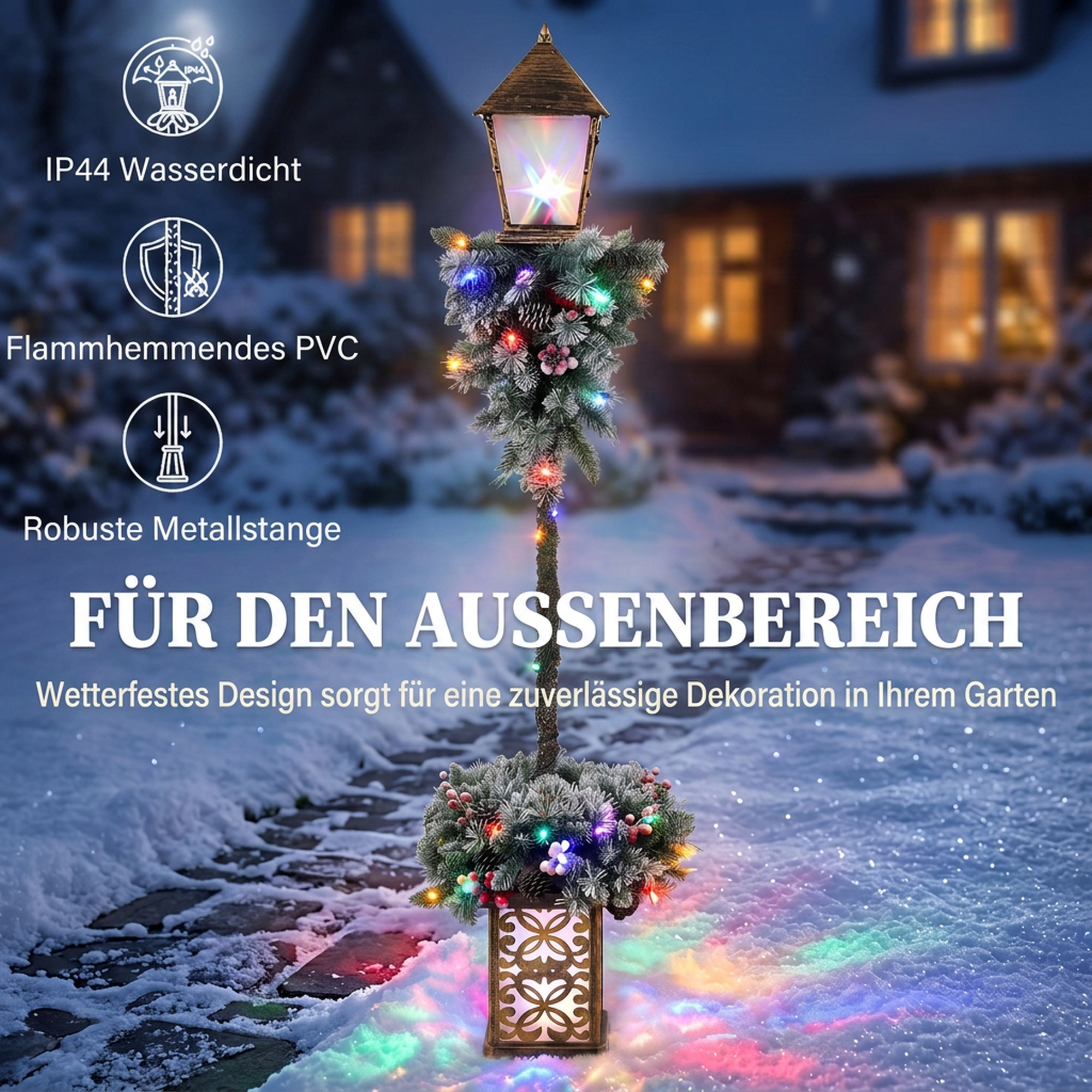 Weihnachts-Straßenlaterne für außen mit LED-Lichtern, schneebeflockten Spitzen, roten Beeren und Tannenzapfen