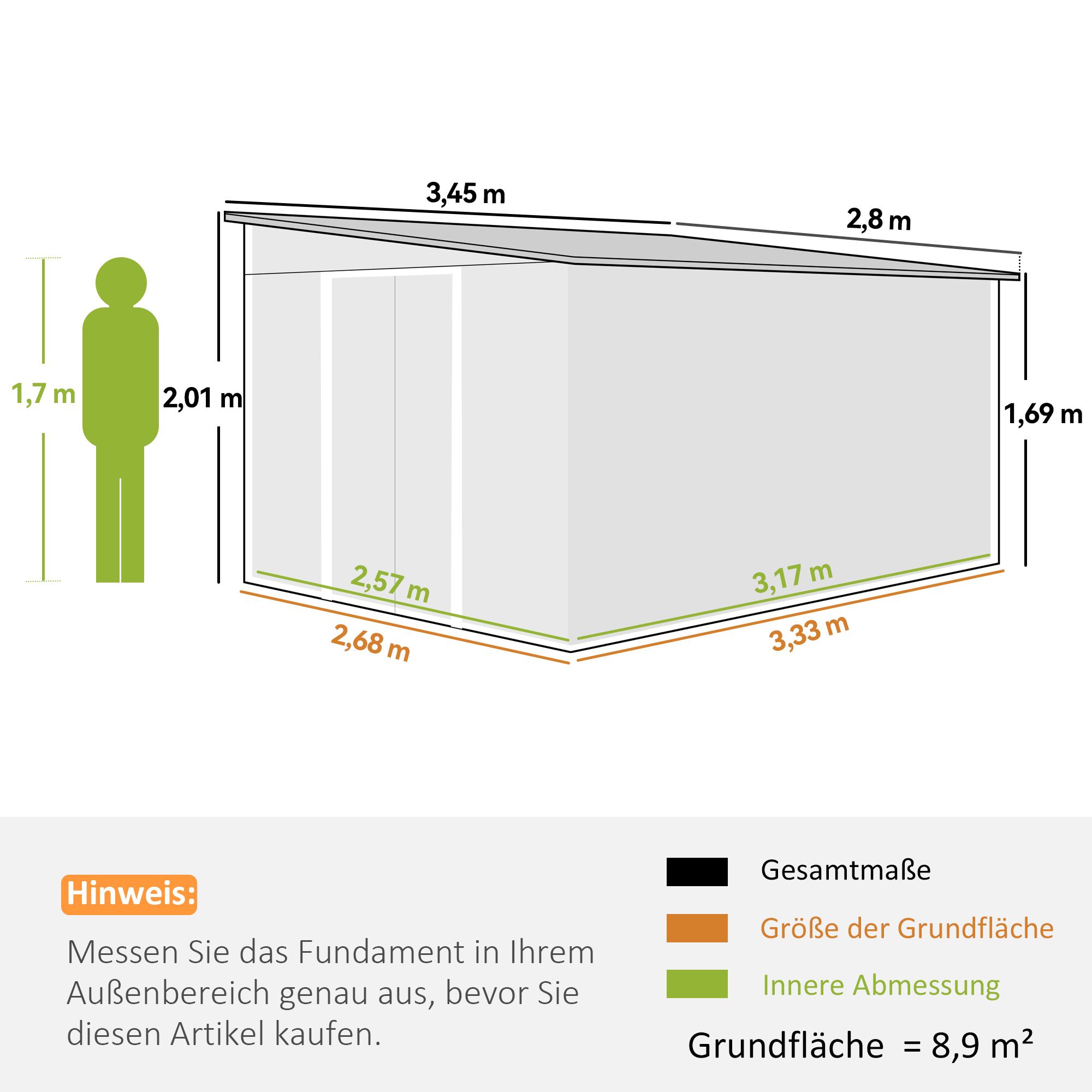 Metall-Geräteschuppen Schrägdach verriegelbare Doppeltür 2,8 x 3,45 x 2,01m Grün